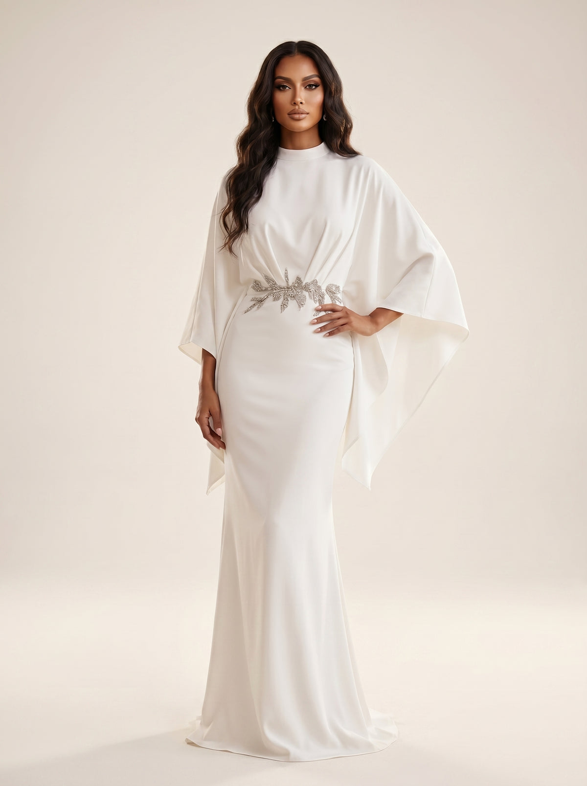 High-Neck Cape Sleeve Floor-Length Formal Sheath Column Modessa Couture 26733