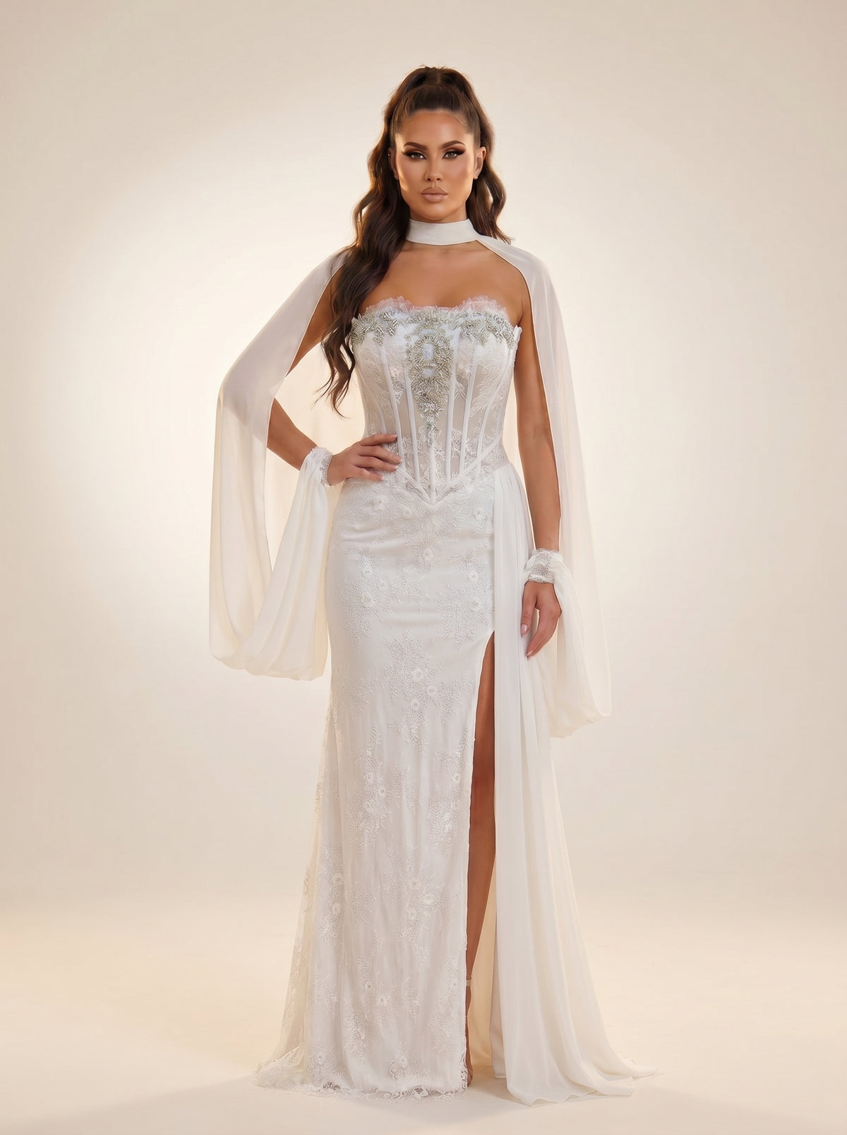 Strapless Sweetheart Corset Cape Floor-Length Lace Slit Formal Sheath Modessa Couture 26735