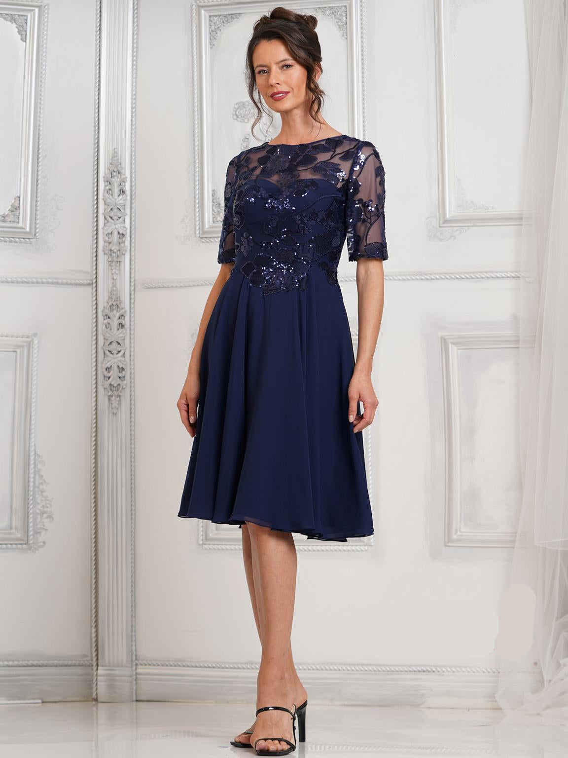 Marsoni M286S Short Formal Sequin Knee Length Dress - Navy / 16 Marsoni M286S Short Formal Sequin Knee Length Dress - Navy / 16