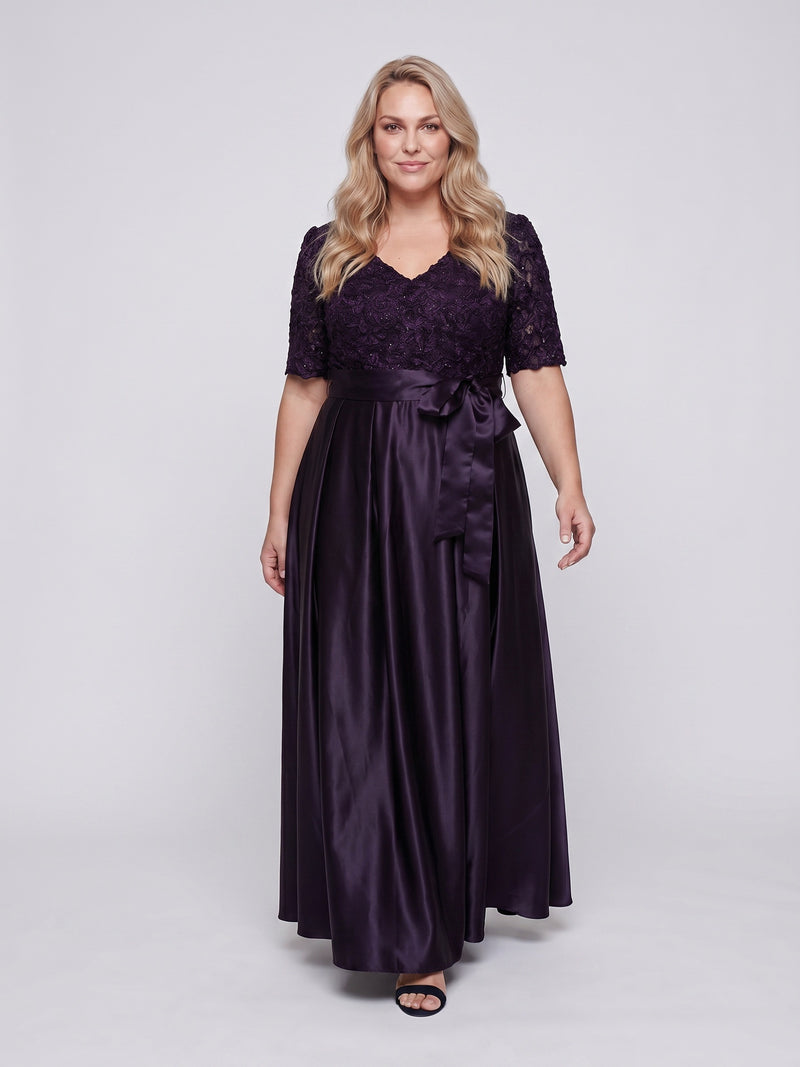 V-Neck Floor-Length Satin Formal A-Line Alex Evenings 84122845