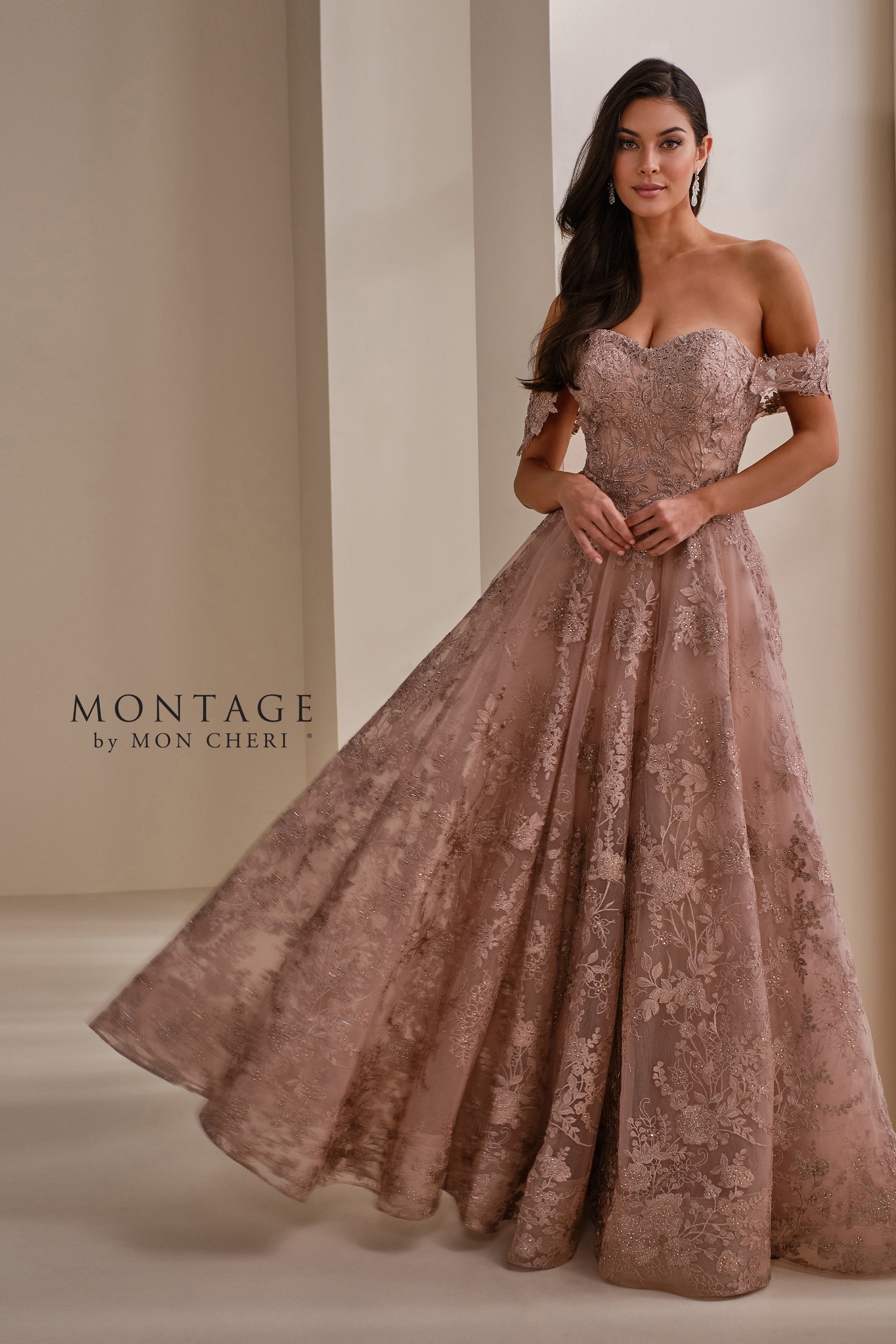 Montage M3105 Long A Line Formal Beaded Floral Evening Dress