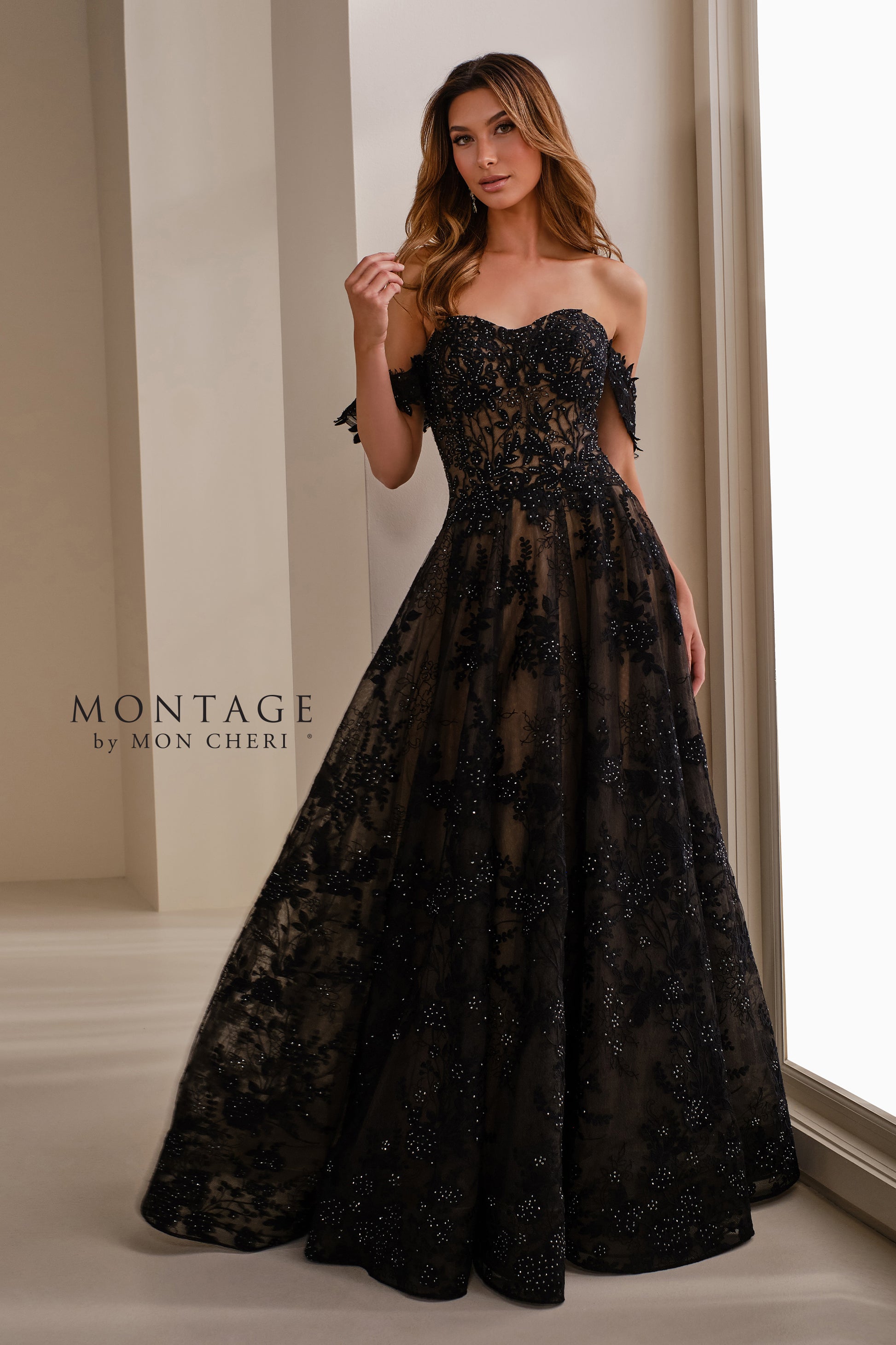 Montage M3105 Long A Line Formal Beaded Floral Evening Dress