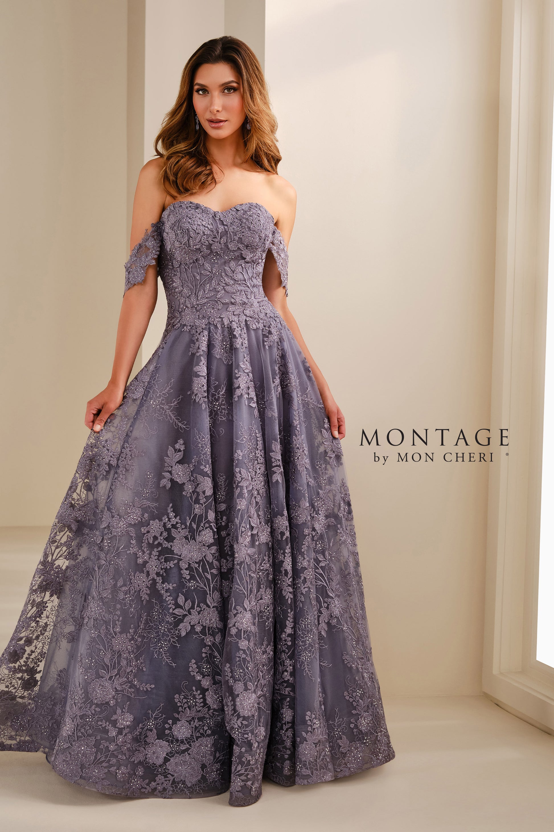 Montage M3105 Long A Line Formal Beaded Floral Evening Dress