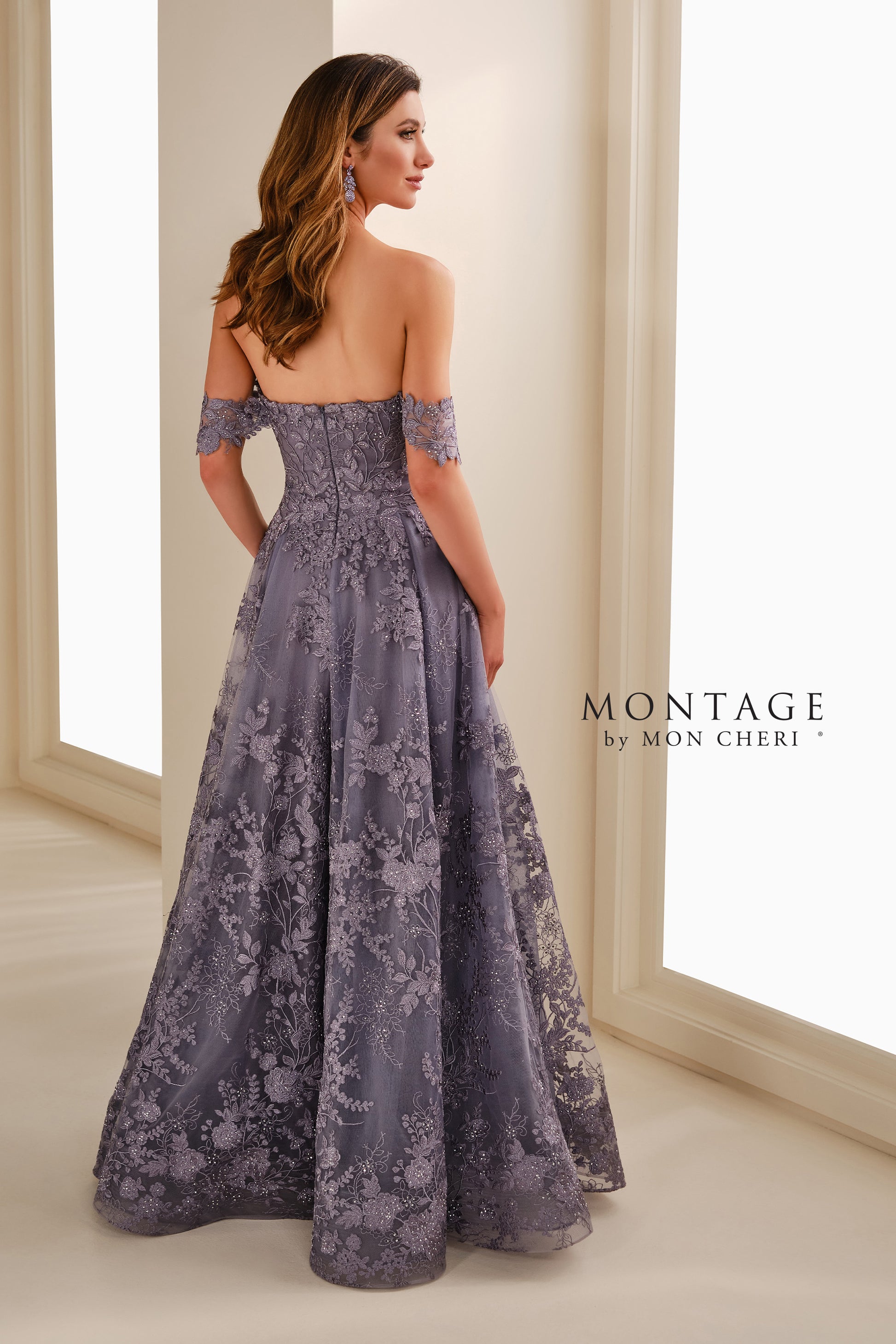 Montage M3105 Long A Line Formal Beaded Floral Evening Dress