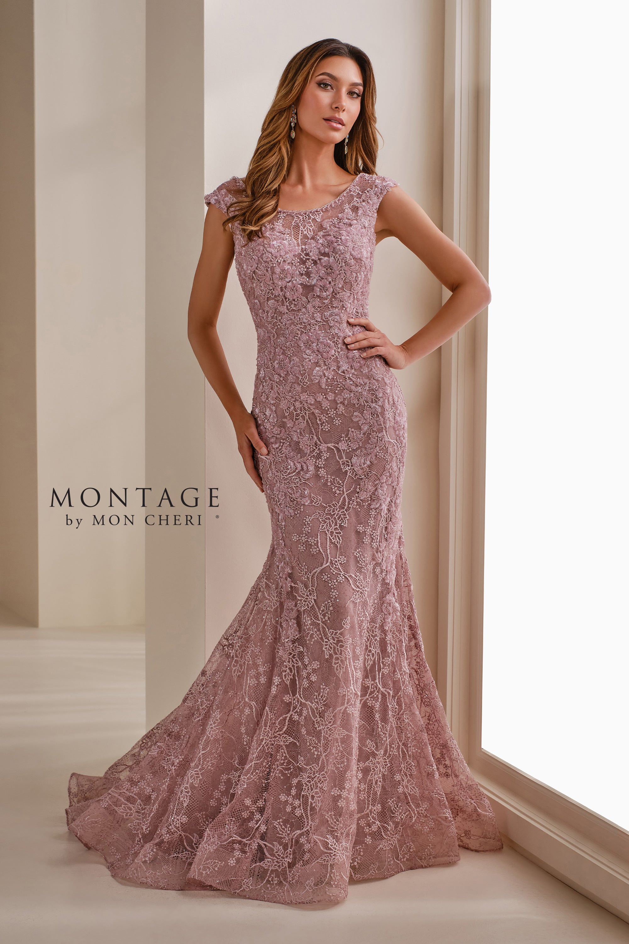 fitted lace wedding dress Montage M3109 Mermaid Long Mother of The Bride Formal Sequin Lace Dress