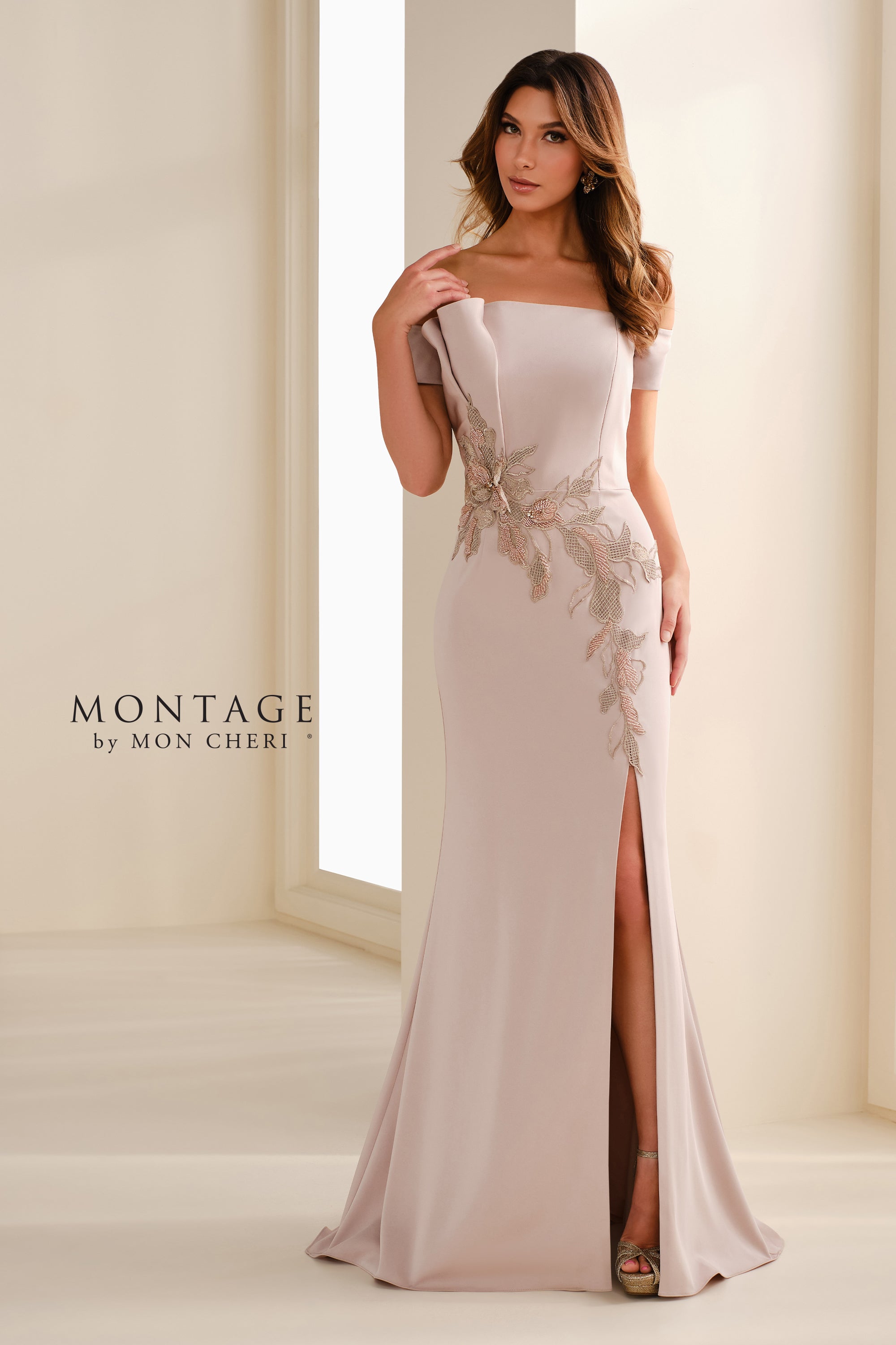 Formal Dresses Long Formal Beaded Lace Applique Evening Dress Mink
