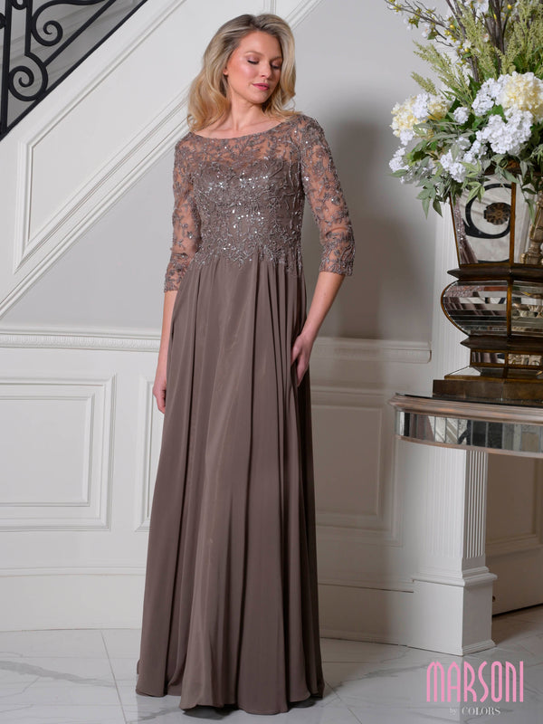 Bateau Neck Floor-Length Chiffon Mother of the Bride Gown 3/4 Lace Sleeves Marsoni M340SL