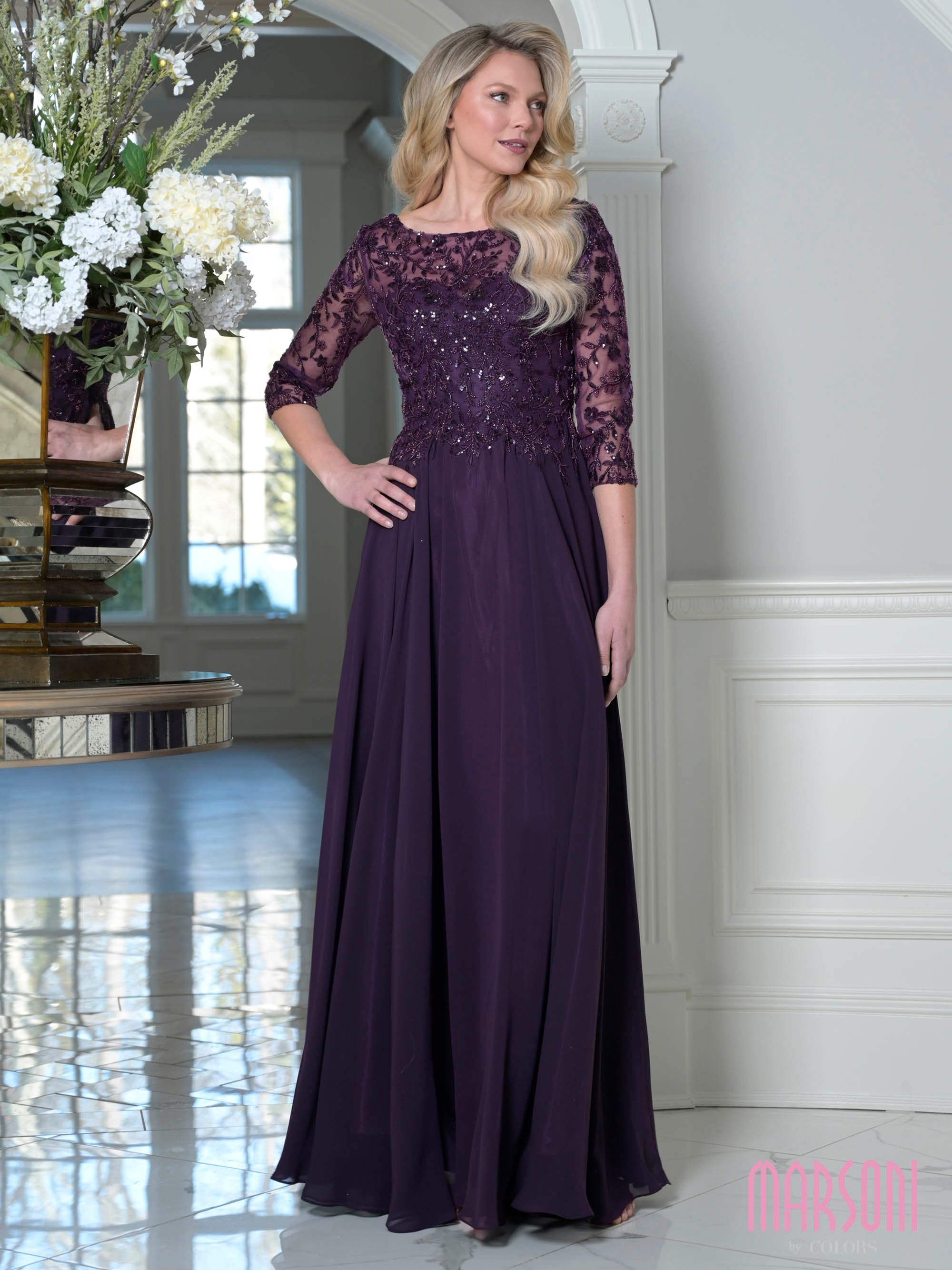 Eggplant Bateau Neck Floor-Length Chiffon Mother of the Bride Gown 3/4 Lace Sleeves Marsoni M340SL