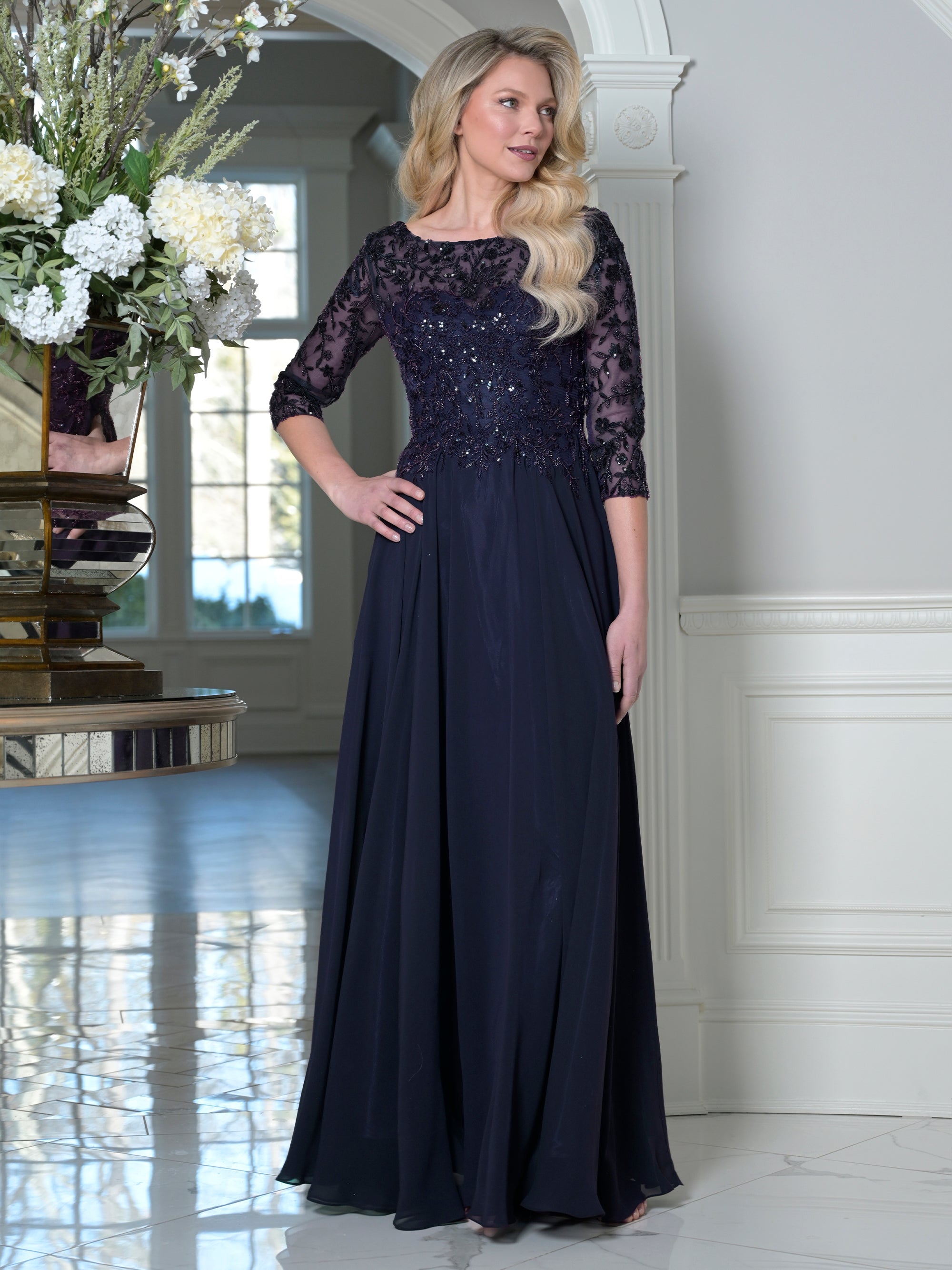 Navy Bateau Neck Floor-Length Chiffon Mother of the Bride Gown 3/4 Lace Sleeves Marsoni M340SL