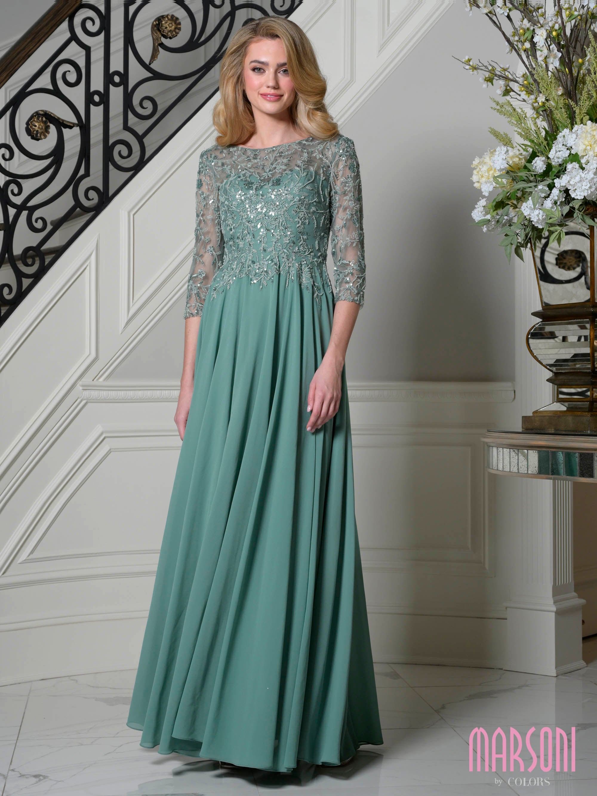 Sage Bateau Neck Floor-Length Chiffon Mother of the Bride Gown 3/4 Lace Sleeves Marsoni M340SL