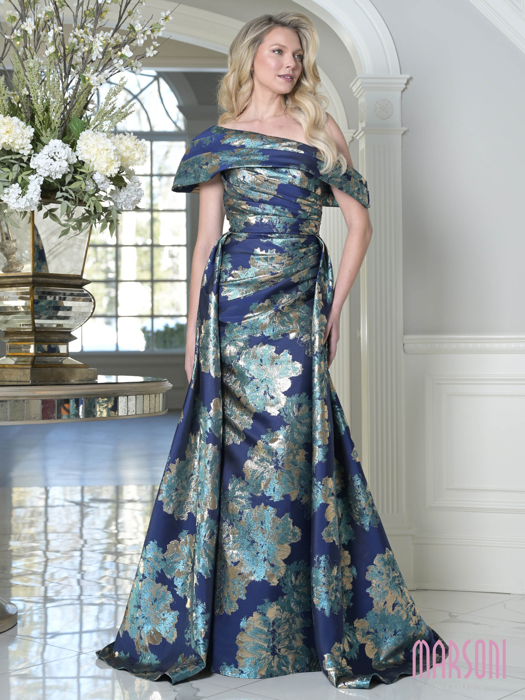 Teal Multi Off-the-Shoulder Floor-Length Metallic Jacquard Gala Gown Side Drape Marsoni M348