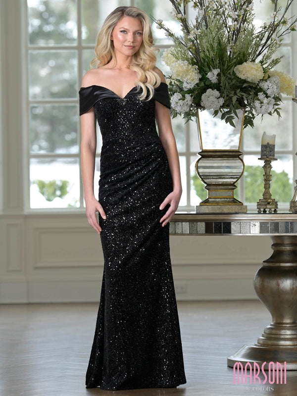 Off-the-Shoulder Floor-Length Sequin Formal Gown Satin Portrait Neckline Marsoni M349