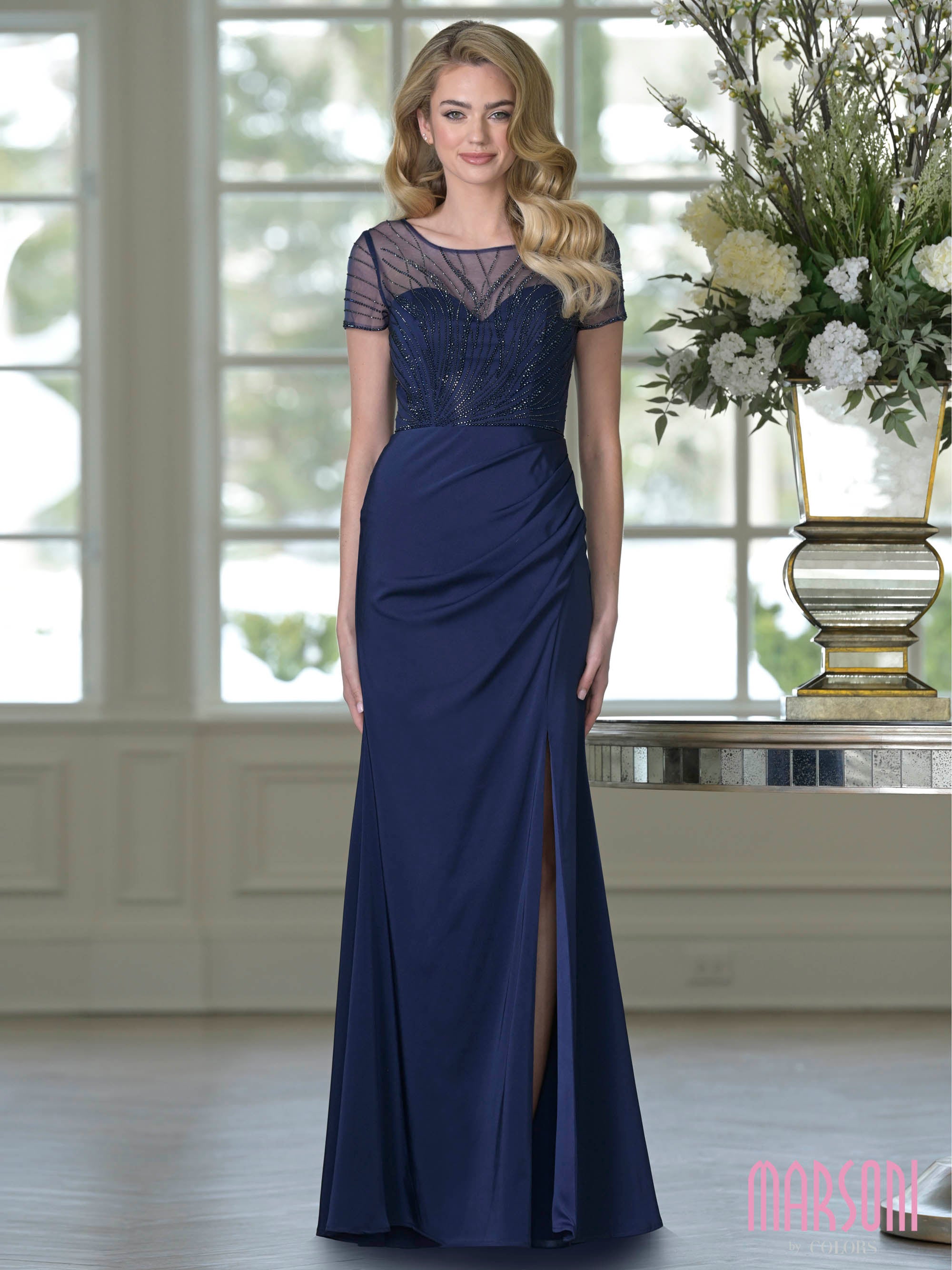 Navy Illusion Bateau Floor-Length Jersey Formal Sheath Dress Beaded Bodice Marsoni M350