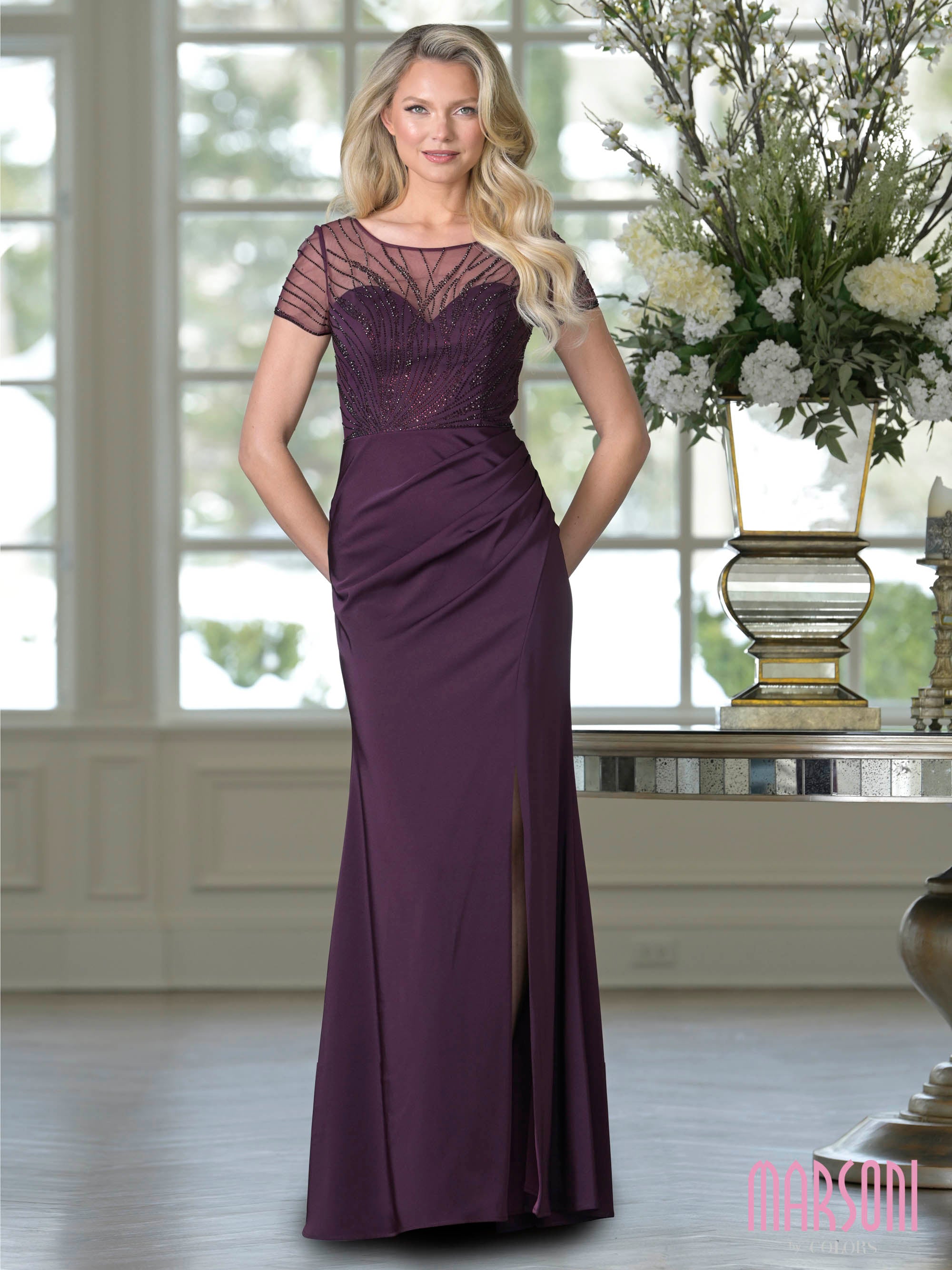 Eggplant Illusion Bateau Floor-Length Jersey Formal Sheath Dress Beaded Bodice Marsoni M350