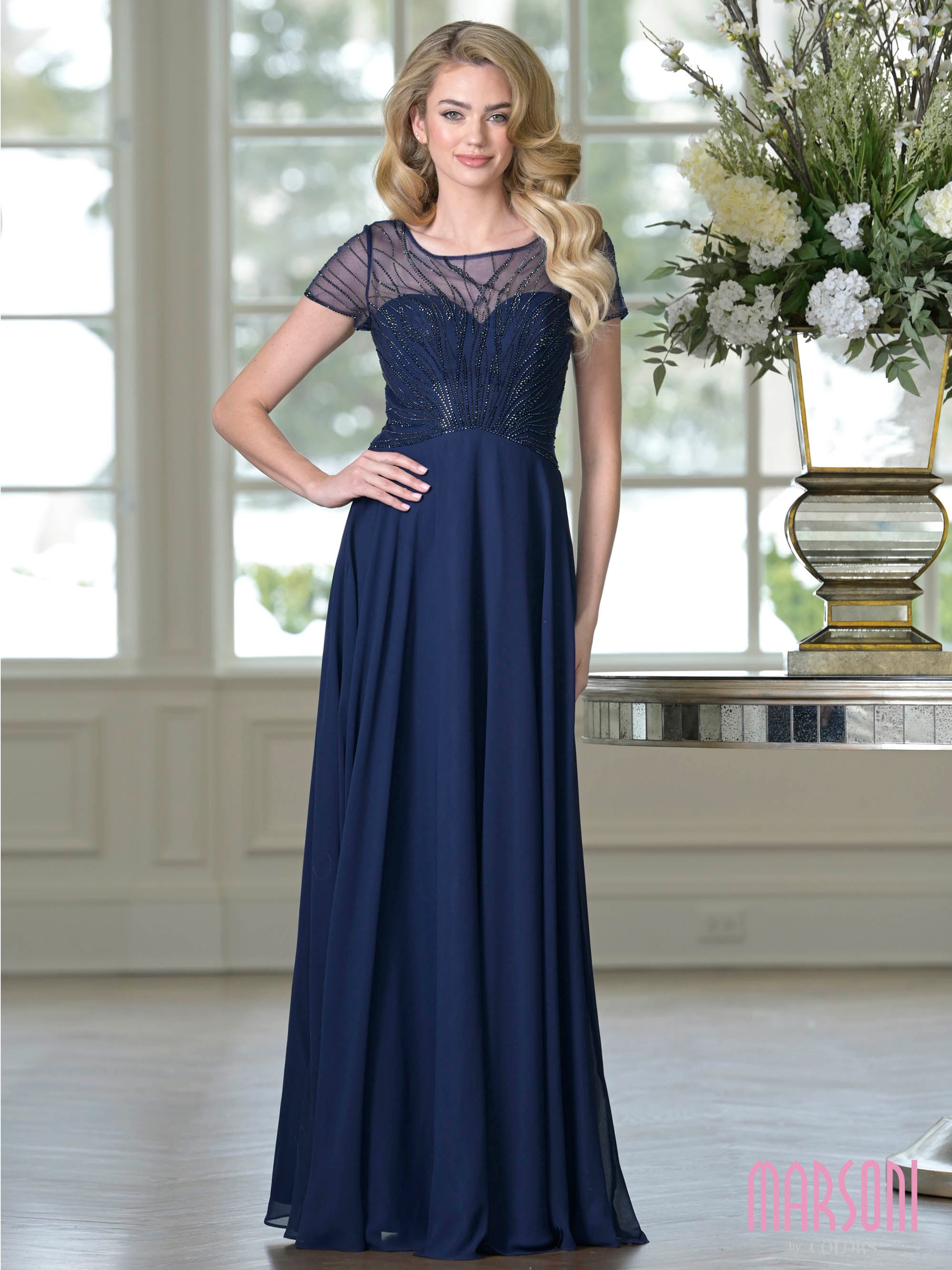 Navy Illusion Bateau Floor-Length Chiffon Formal A-Line Dress Beaded Bodice Marsoni M351