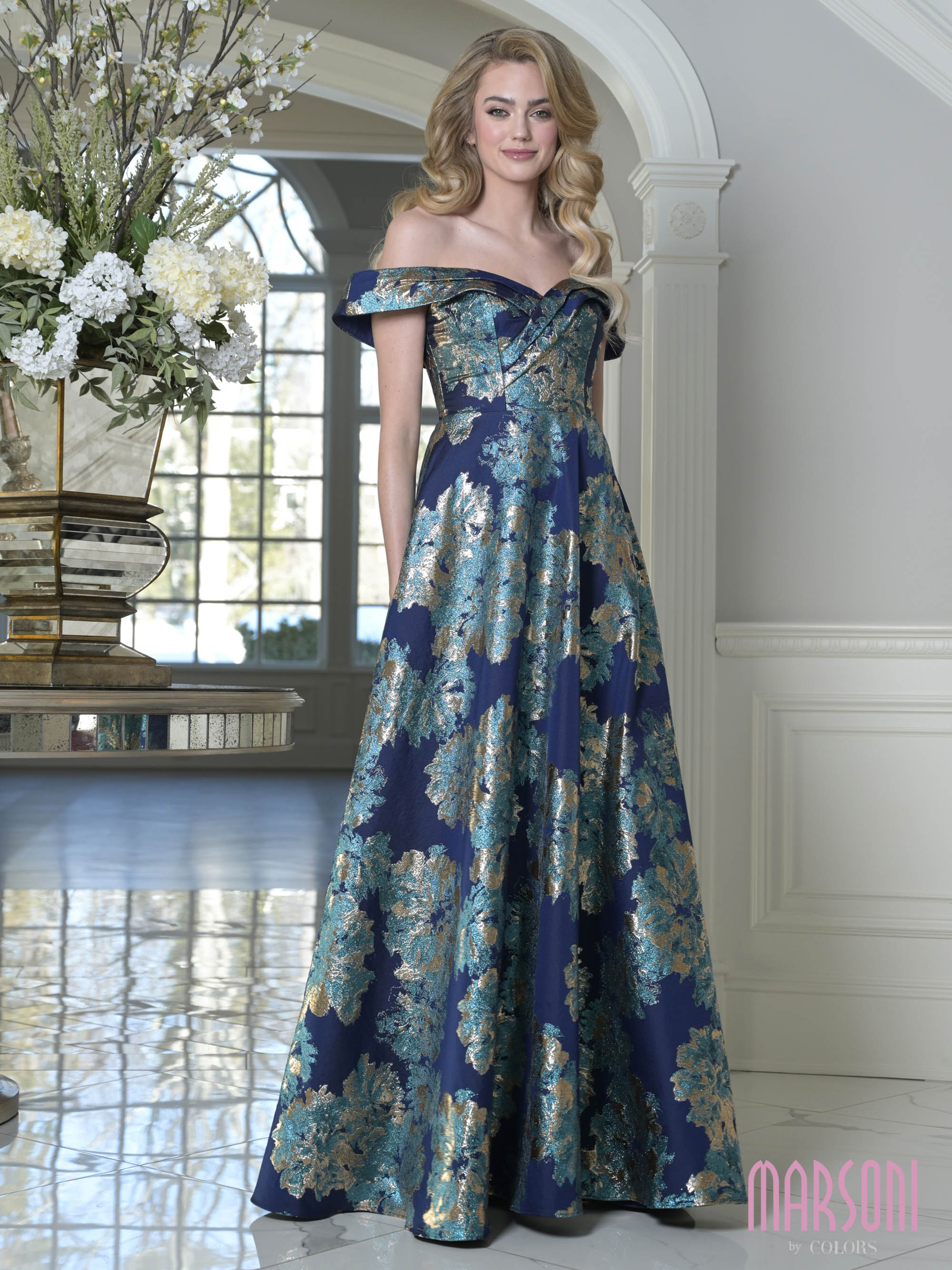 Teal Multi Off-the-Shoulder Floor-Length Brocade Formal A-Line Ball Gown Floral Print Marsoni M352