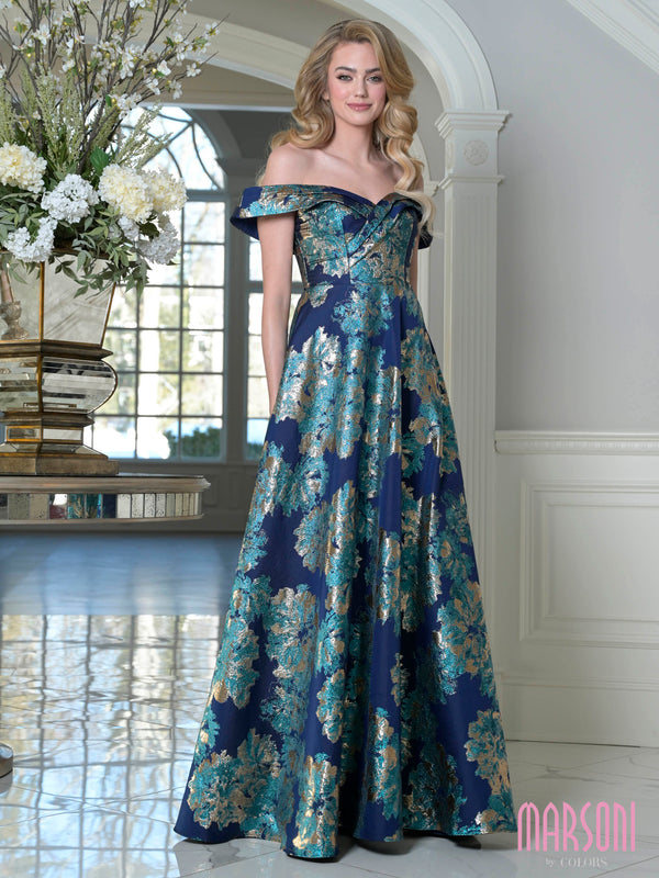 Off-the-Shoulder Floor-Length Brocade Formal A-Line Ball Gown Floral Print Marsoni M352