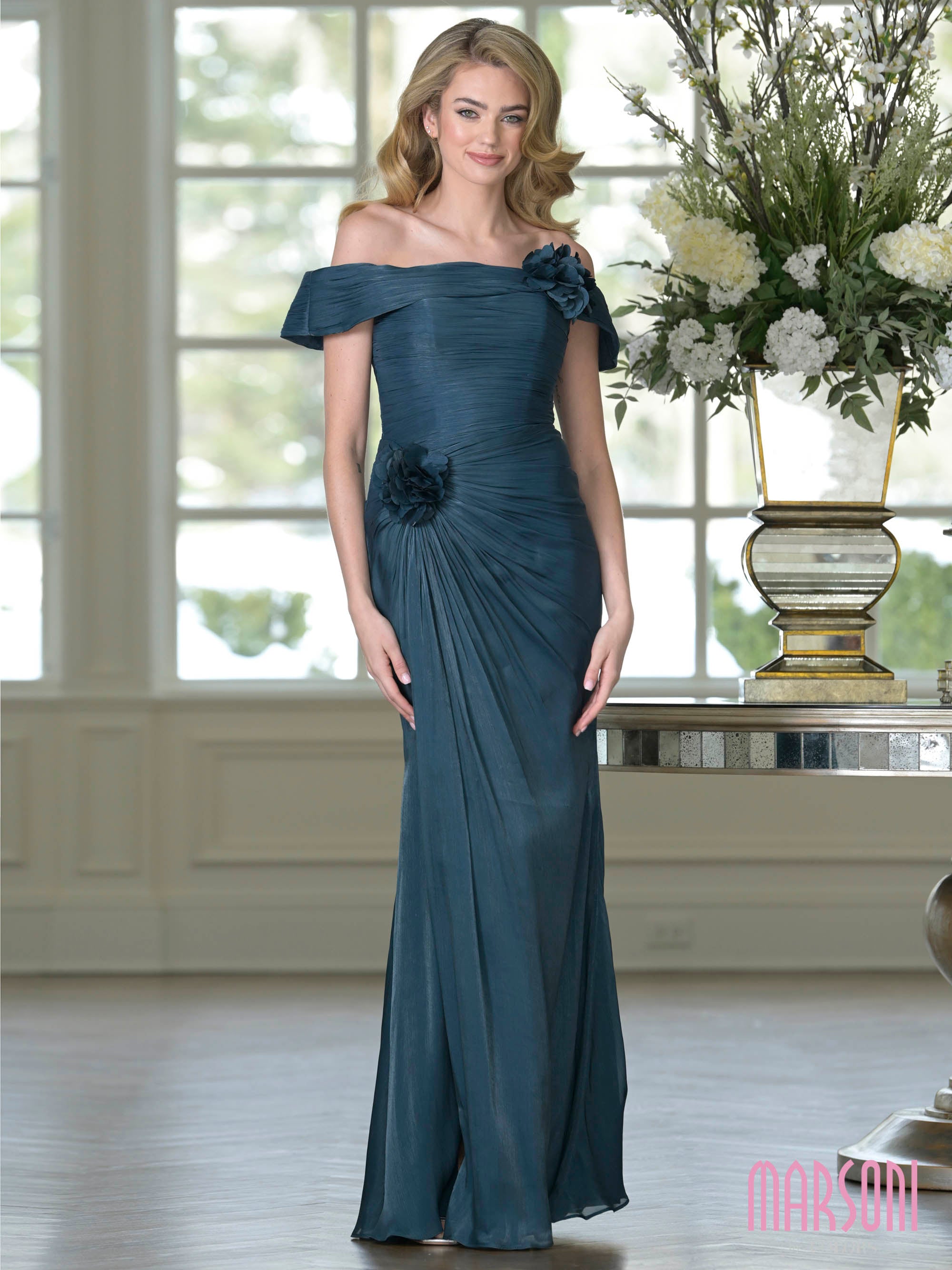 Teal Green Off-the-Shoulder Floor-Length Chiffon Formal Sheath Dress Floral Applique Marsoni M353