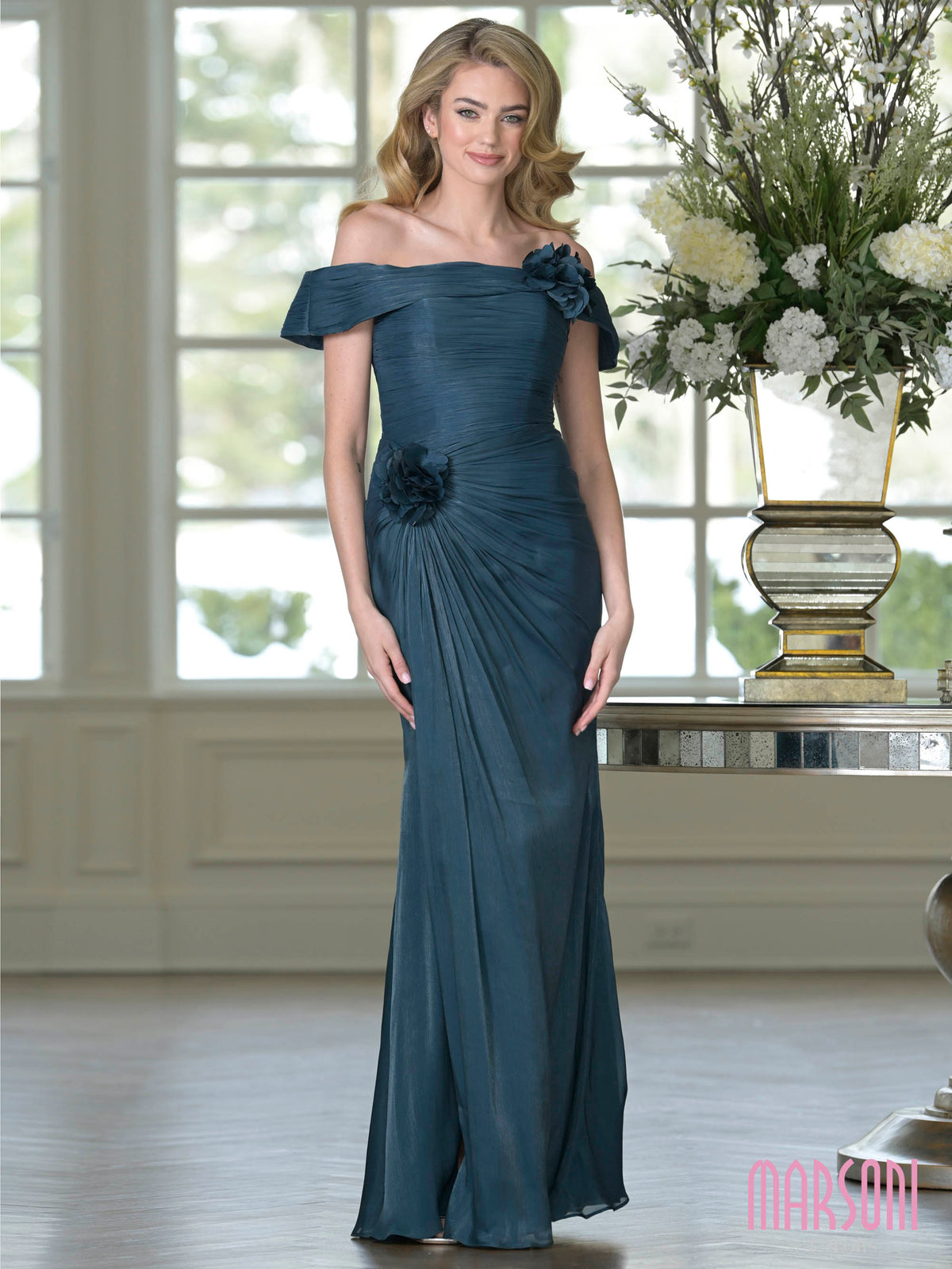 Teal Green Off-the-Shoulder Floor-Length Chiffon Formal Sheath Dress Floral Applique Marsoni M353