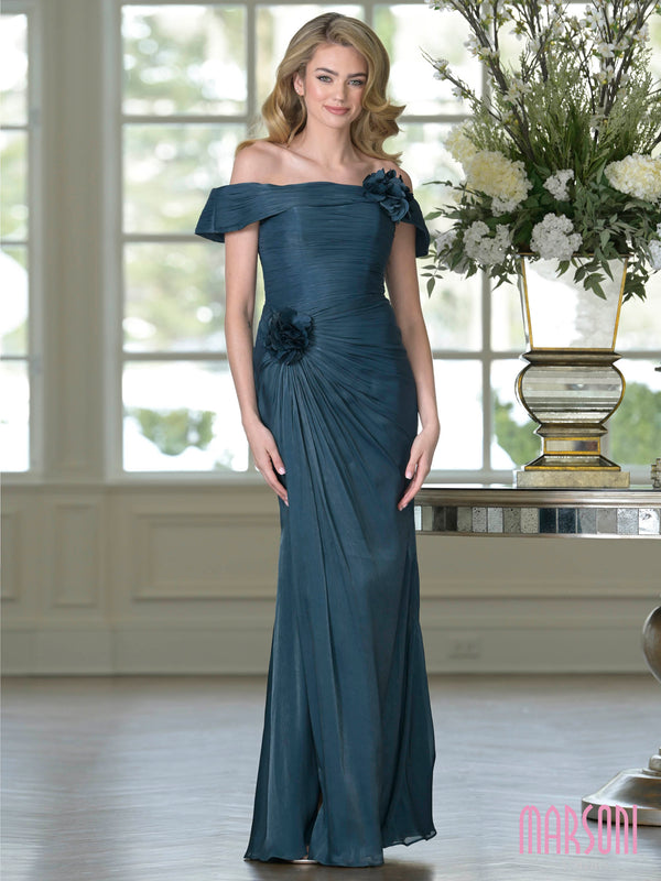 Off-the-Shoulder Floor-Length Chiffon Formal Sheath Dress Floral Applique Marsoni M353