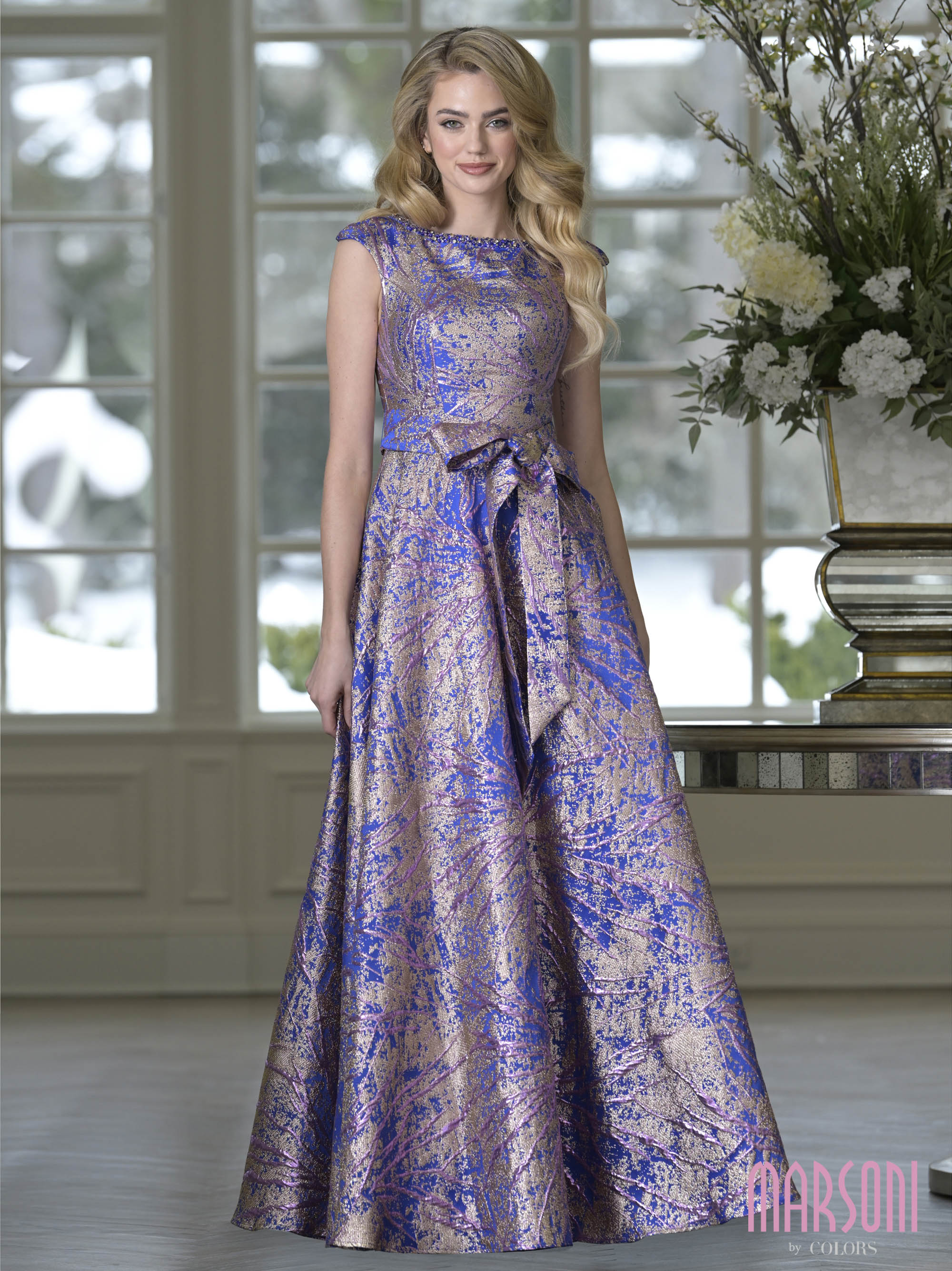Lavender Marble Bateau Floor-Length Brocade Formal A-Line Ball Gown Metallic Pattern Marsoni M354