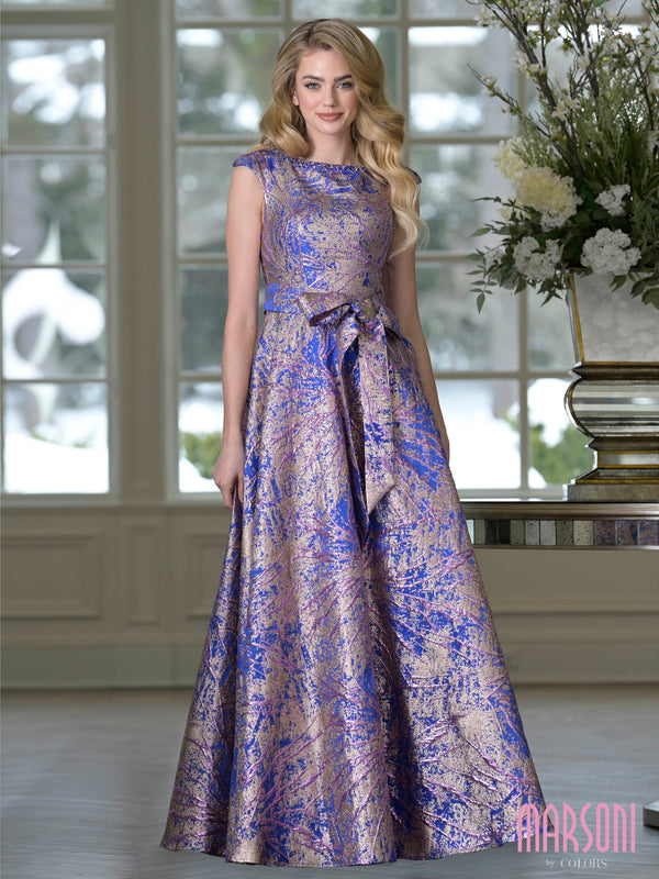 Bateau Floor-Length Brocade Formal A-Line Ball Gown Metallic Pattern Marsoni M354