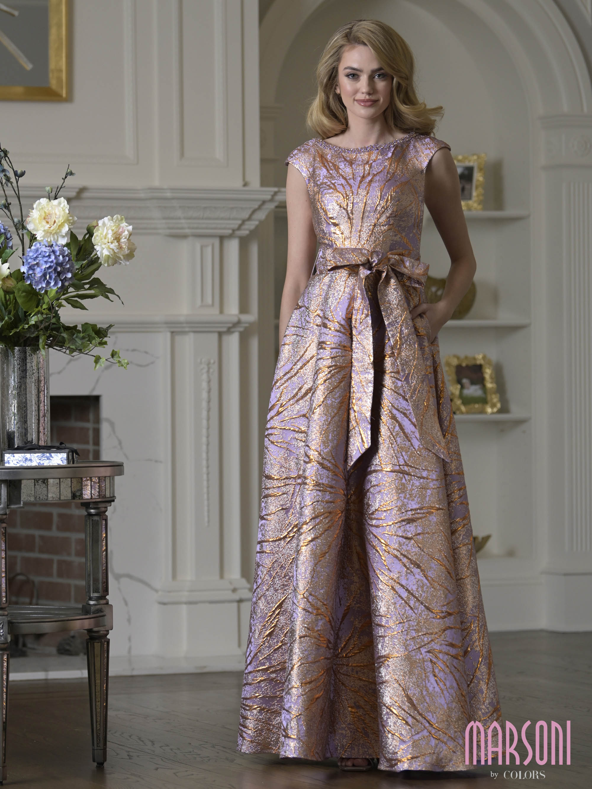 Rose Gold Marble Bateau Floor-Length Brocade Formal A-Line Ball Gown Metallic Pattern Marsoni M354