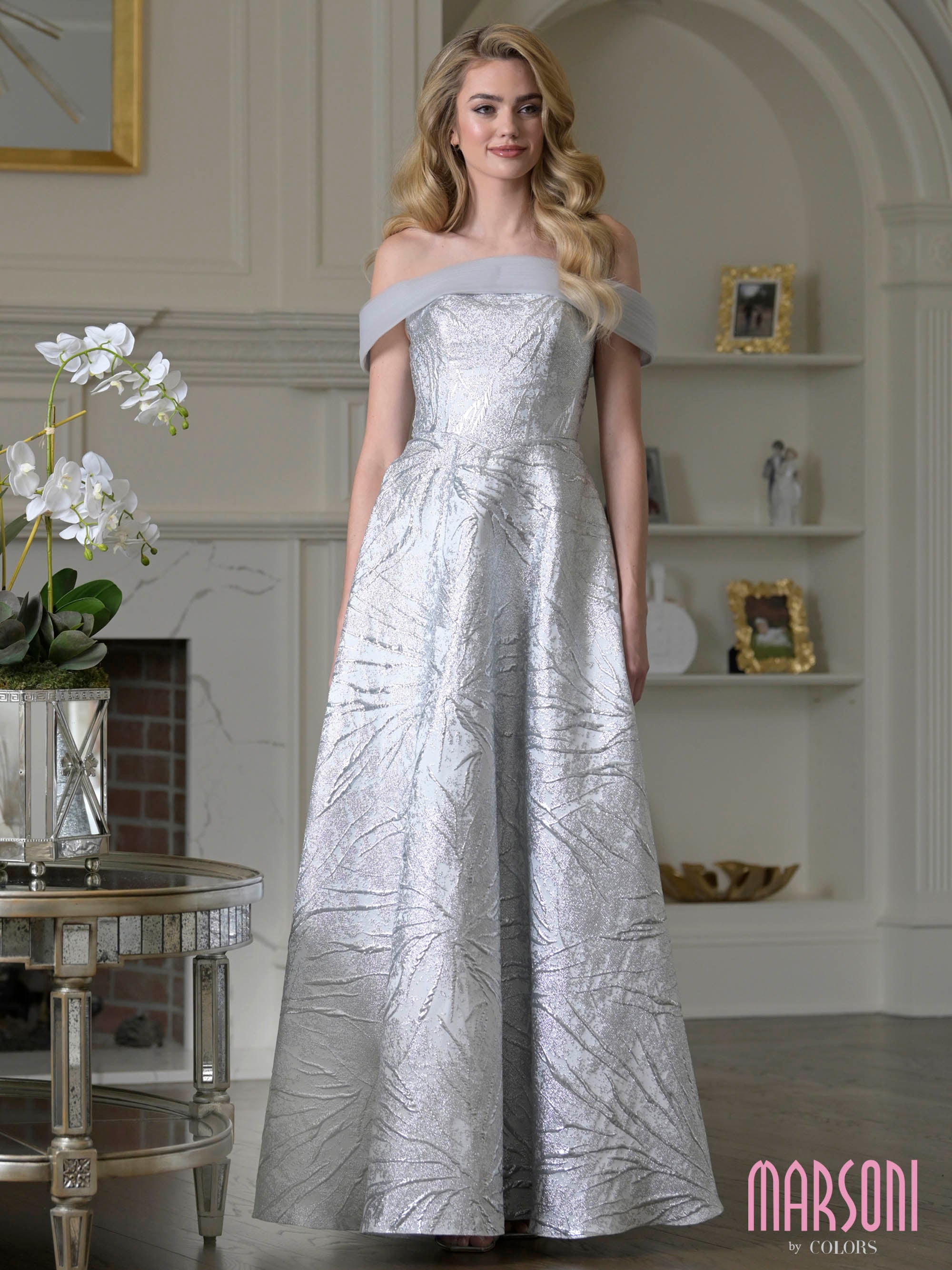 Silver Off-the-Shoulder Floor-Length Brocade Formal A-Line Ball Gown Metallic Pattern Marsoni M355
