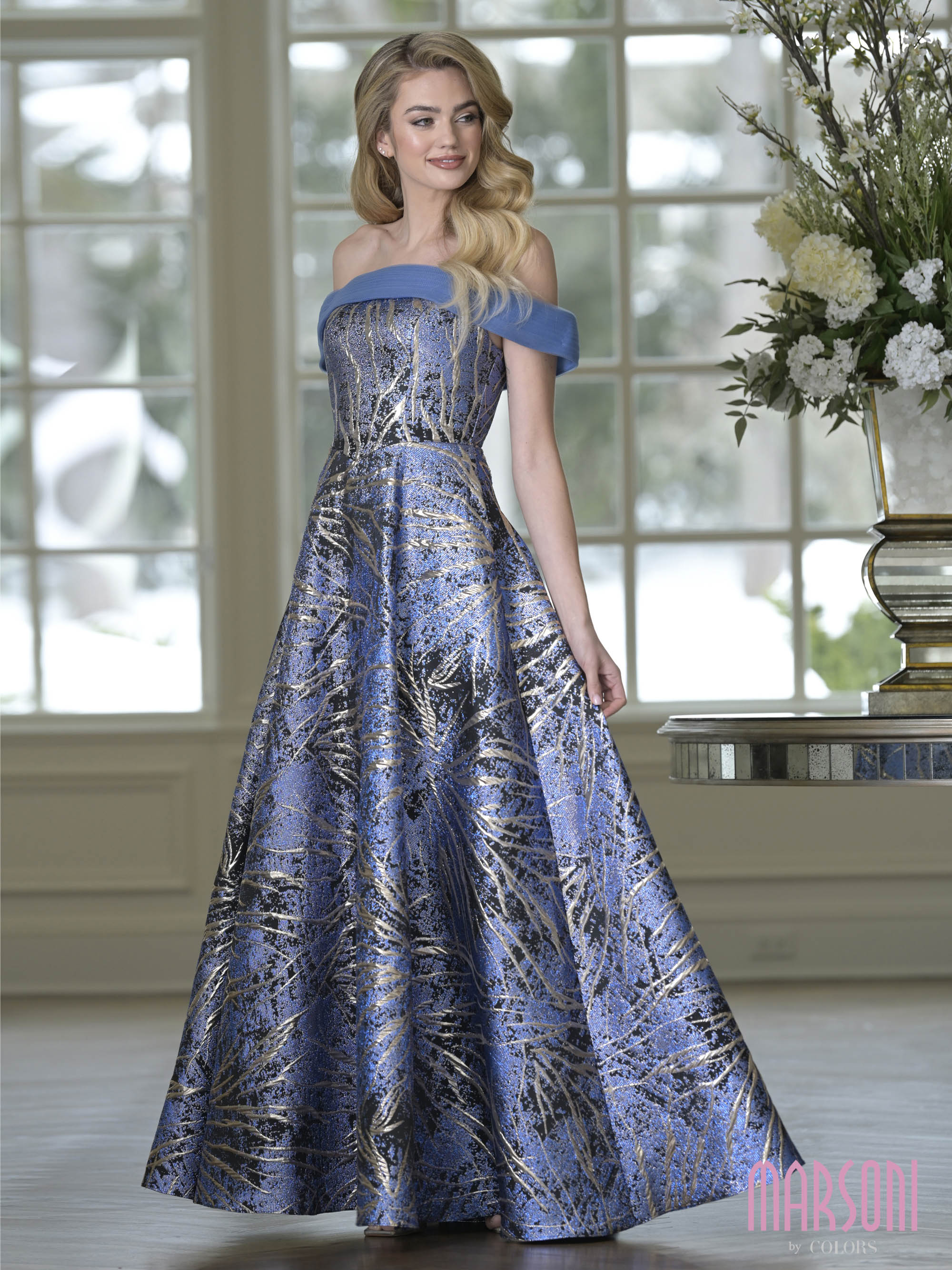 Royal Multi Off-the-Shoulder Floor-Length Brocade Formal A-Line Ball Gown Metallic Pattern Marsoni M355