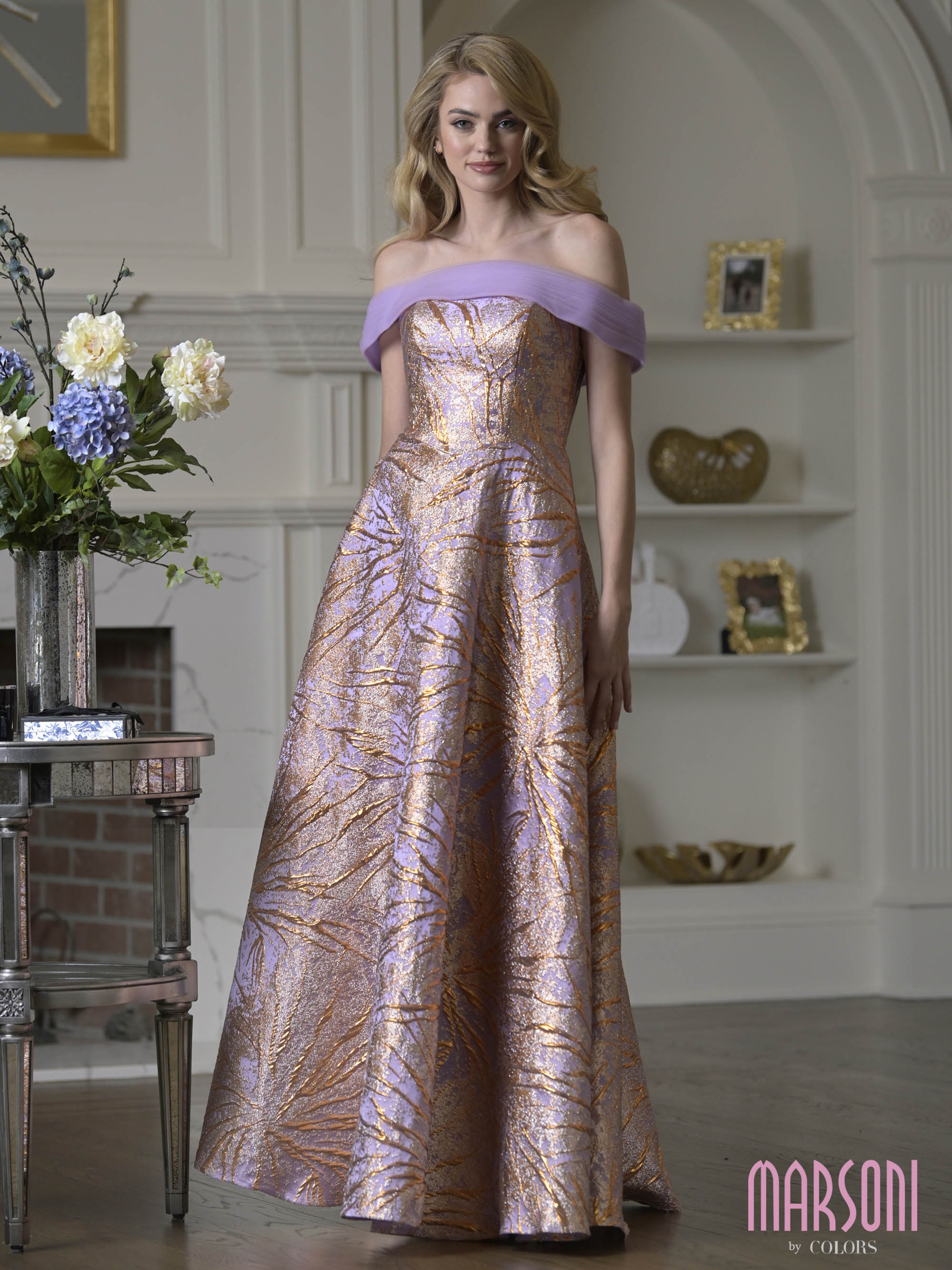 Rose Gold Multi Off-the-Shoulder Floor-Length Brocade Formal A-Line Ball Gown Metallic Pattern Marsoni M355