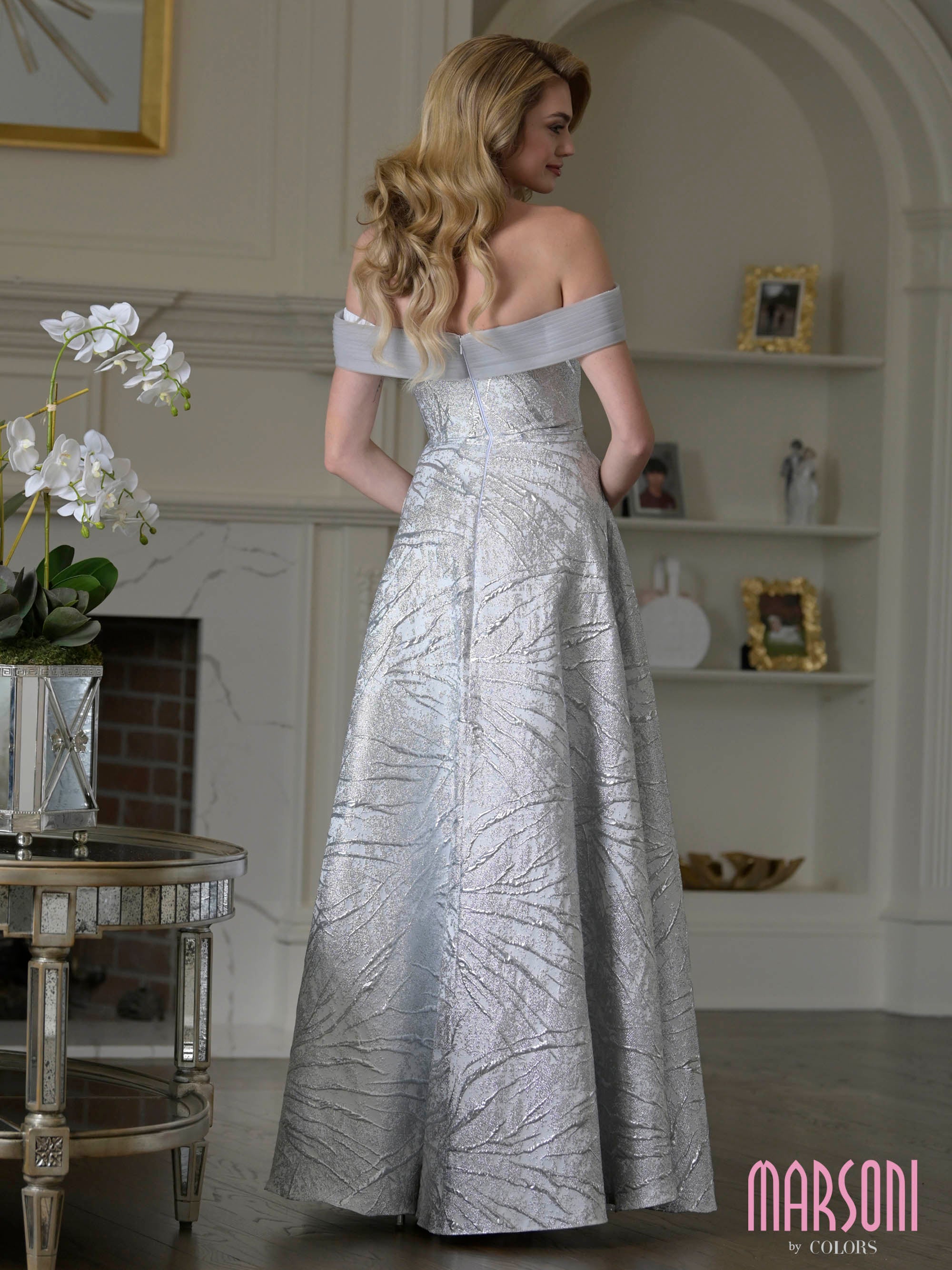 Silver Off-the-Shoulder Floor-Length Brocade Formal A-Line Ball Gown Metallic Pattern Marsoni M355