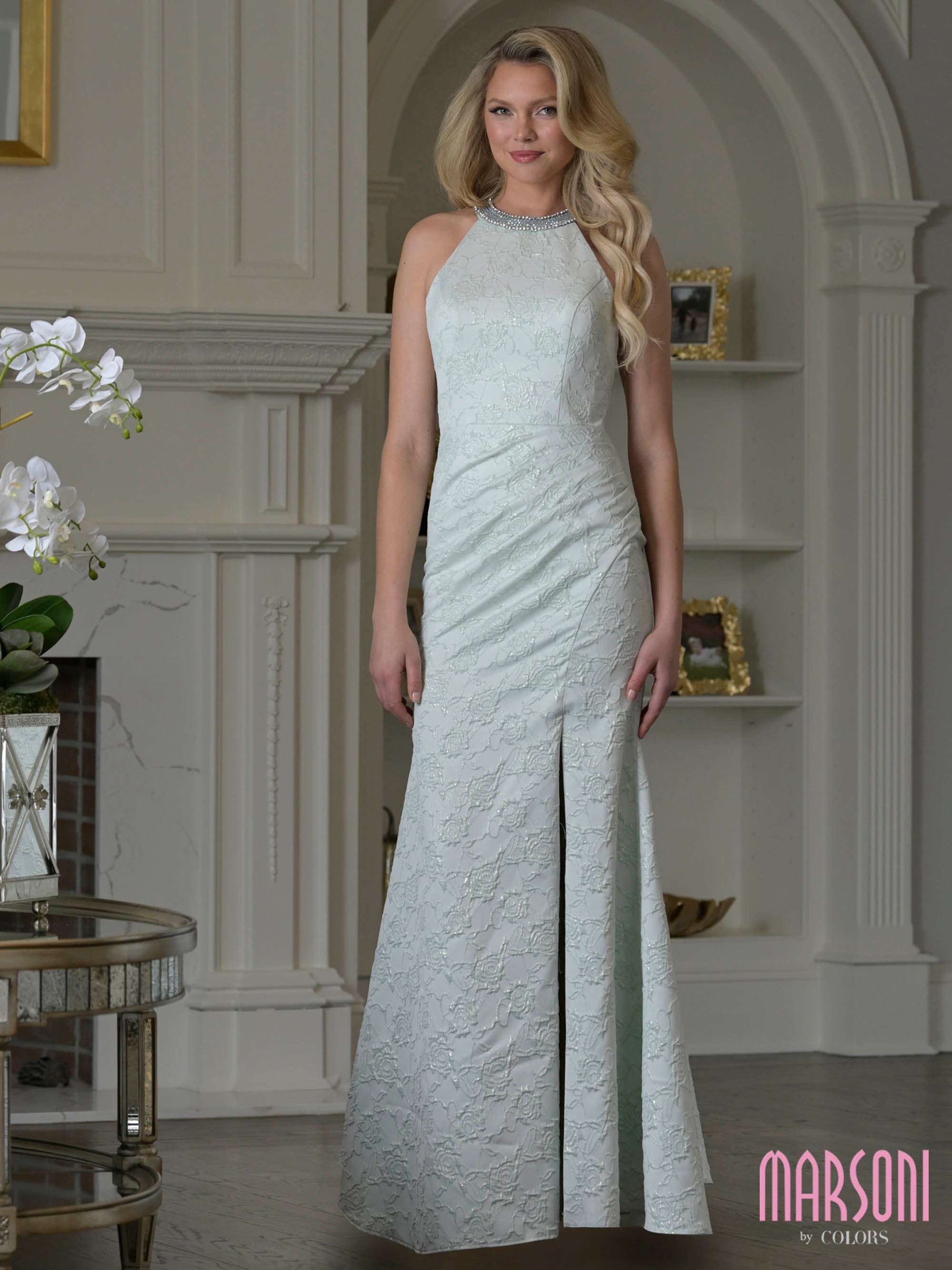 Light Sage Halter Floor-Length Brocade Formal Sheath Dress Slit and Matching Shawl Marsoni M356