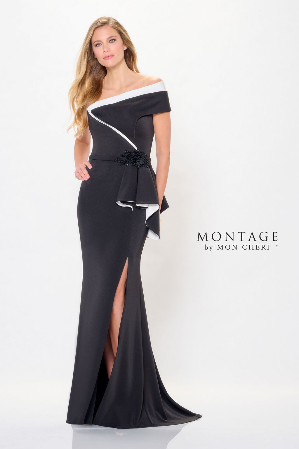 Formal Dresses Formal Long 3D Floral Applique Evening Peplum Dress Black/Ivory