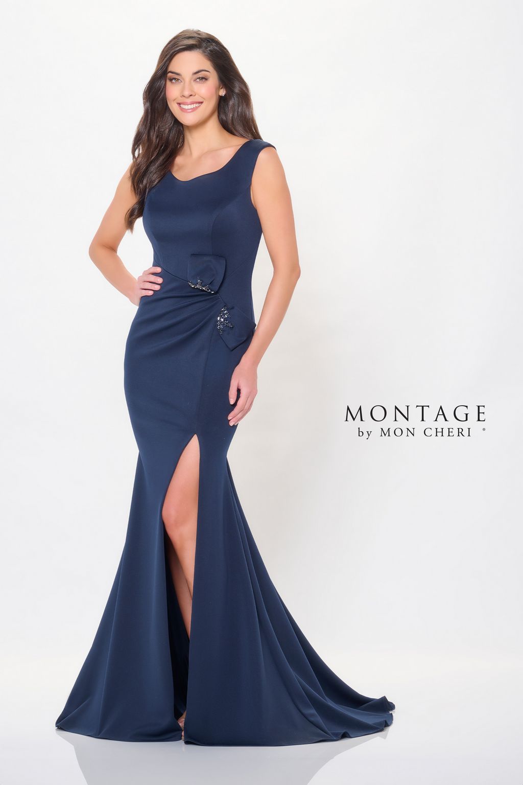 Navy Blue Montage M903 Long Fitted Formal Beaded Evening Dress for $605
