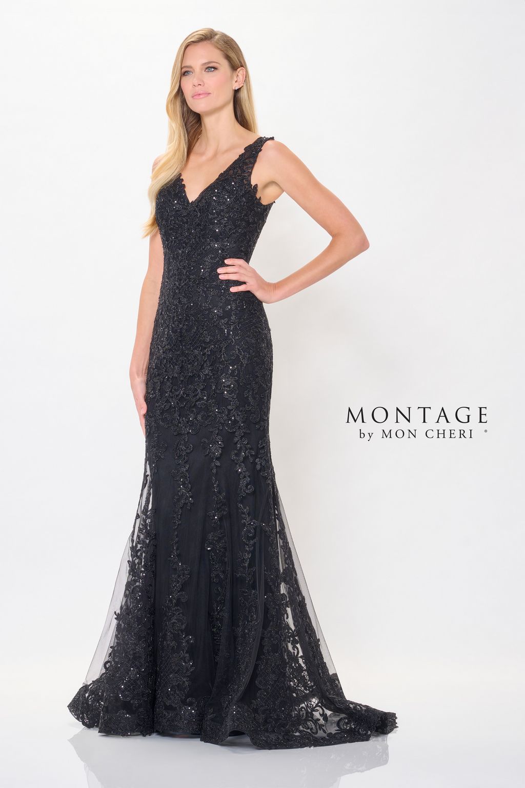 Montage M906 Sequin Long Formal Removable Sleeve Evening Dress