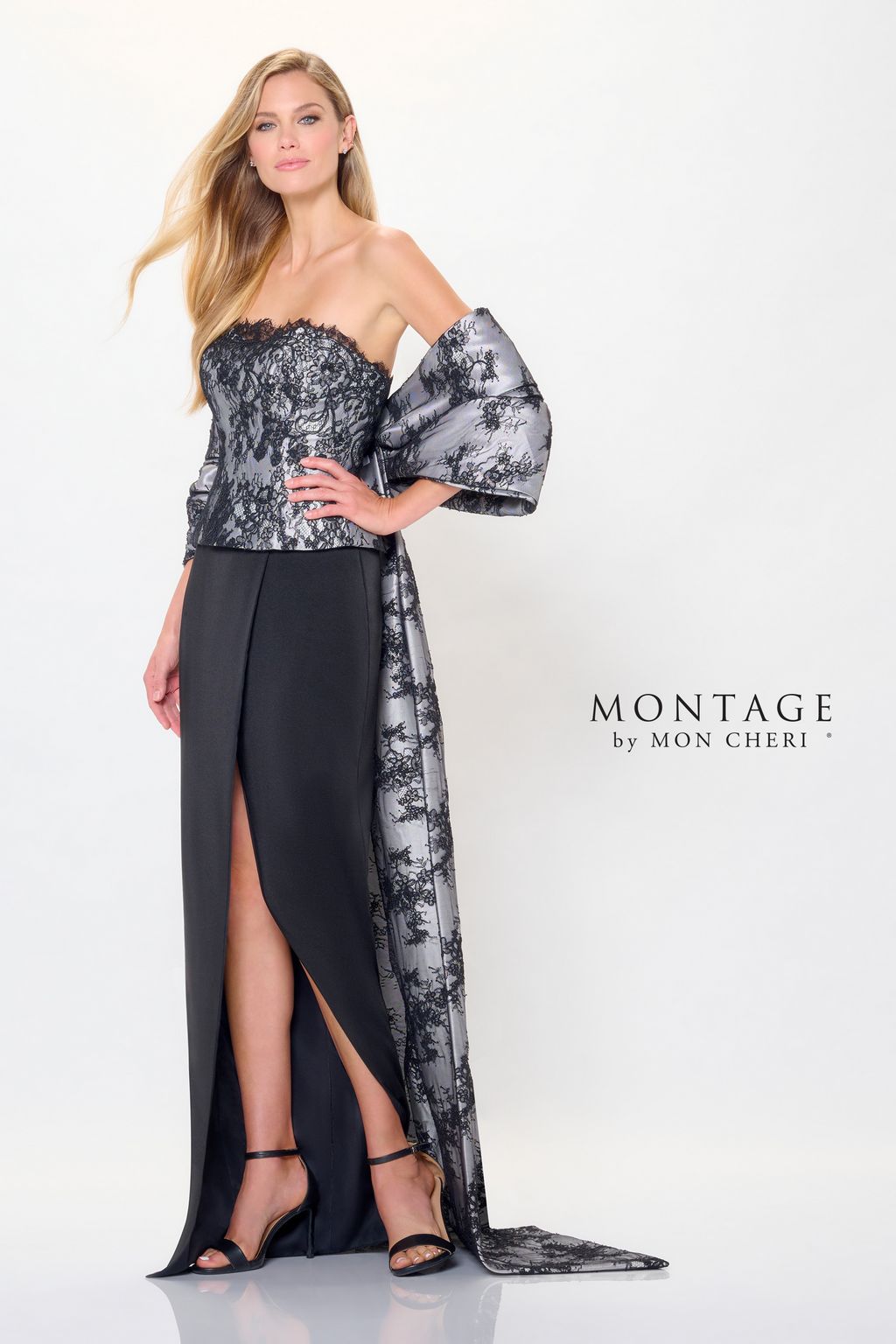Montage M908 Long Formal Fitted Peplum Evening Dress - Black/Silver / 12 Montage M908 Long Formal Fitted Peplum Evening Dress - Black/Silver / 12