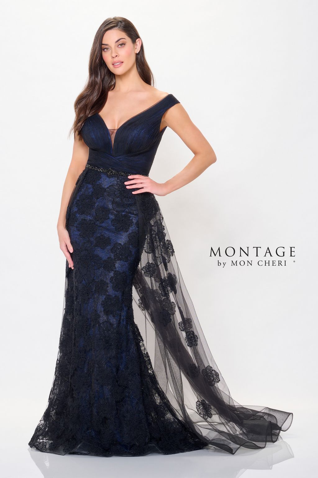 Montage M909 Long Formal Detachable Train Evening Dress - Black/Navy Blue / 6 Montage M909 Long Formal Detachable Train Evening Dress - Black/Navy Blue / 6