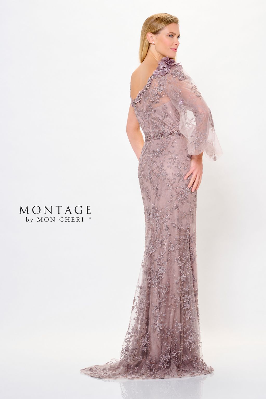 Montage M913 Long Formal Beaded 3D Floral Applique Evening Dress