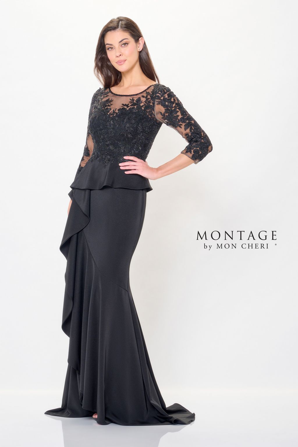 Montage M914 Long Beaded Formal Peplum Evening Dress
