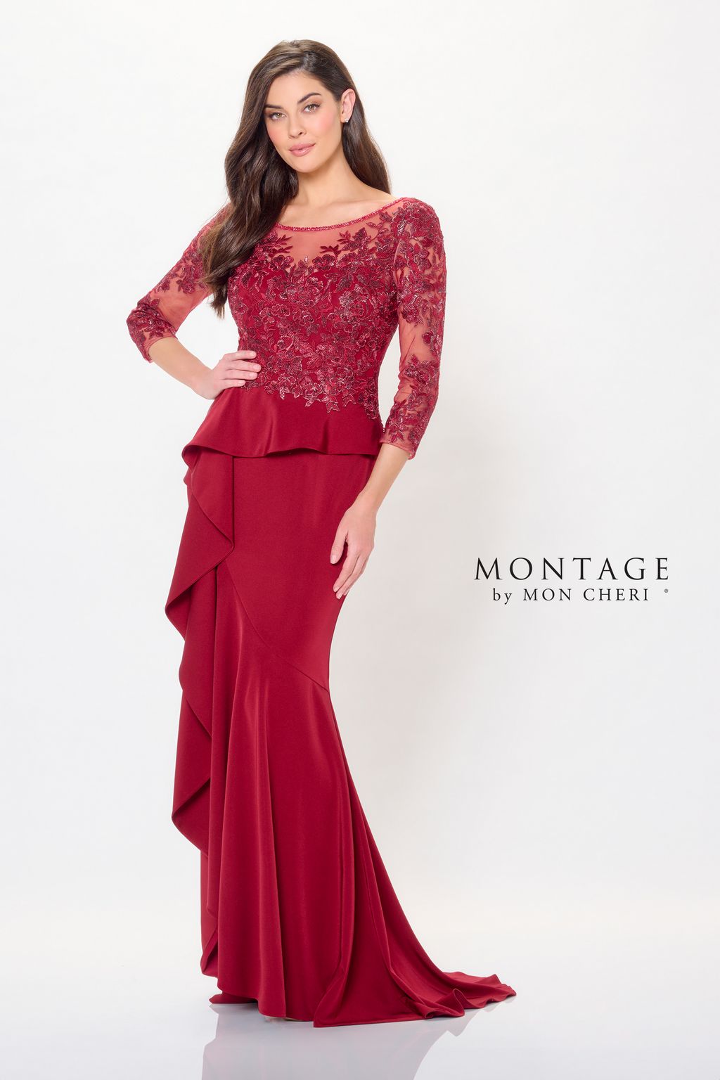 Montage M914 Long Beaded Formal Peplum Evening Dress