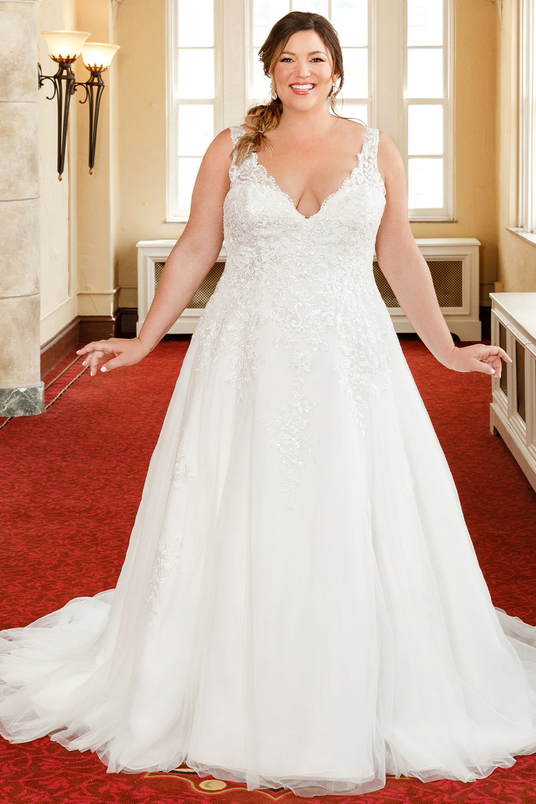 Sydneys Closet MB2307 A Line Long Floral Lace Applique Wedding Plus Size Dress