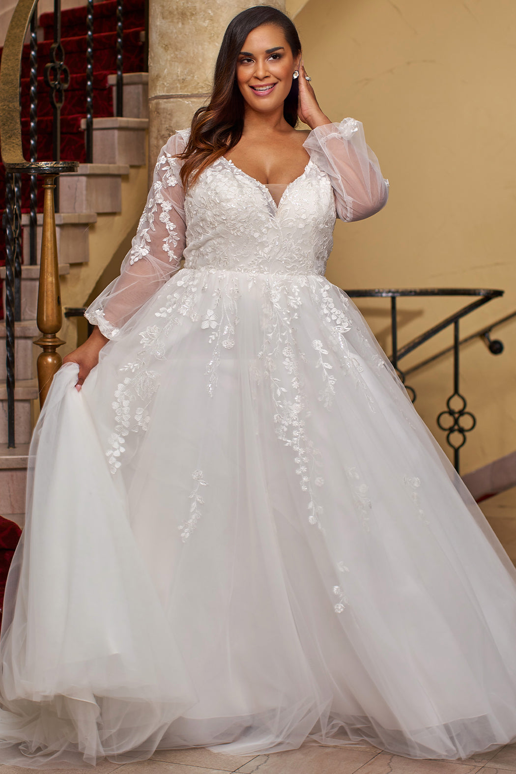 Sydneys Closet MB2421 Plus Size Long Sleeve Floral Lace Wedding Dress