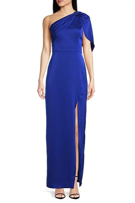 Royal Sapphire Aidan Mattox MD1E208352 One-Shoulder Long Satin Gown with Cape Sleeve