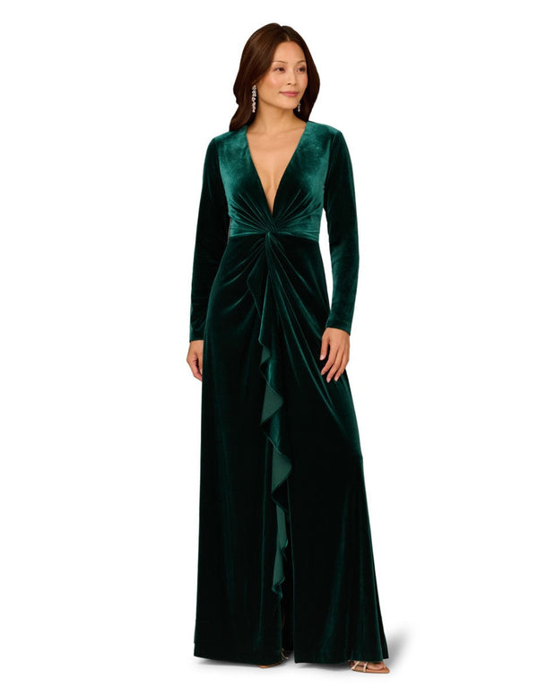 Aidan Mattox MD1E209722 V-Neck Long Velvet Evening Ruffle Gown