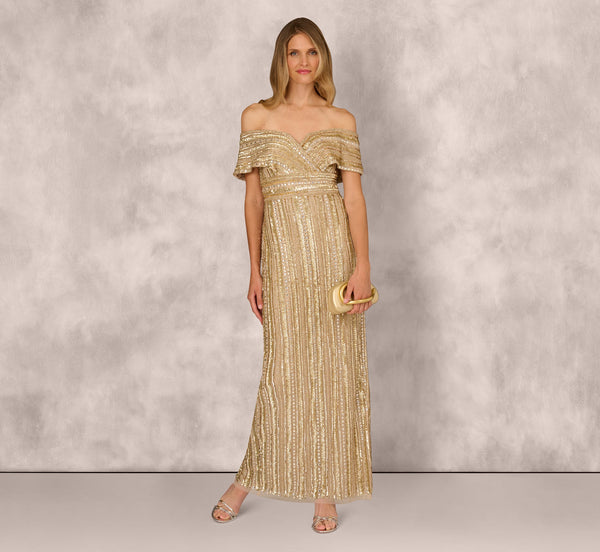 Adrianna Papell MD1E209782 Off-the-Shoulder Floor-Length Sequin Prom Dress Beaded