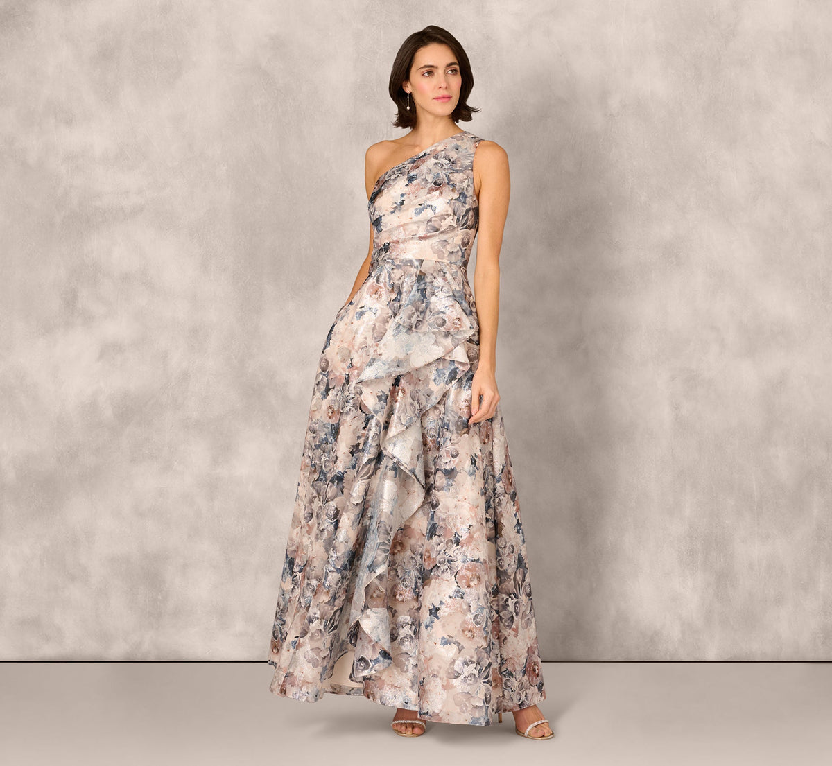 Blue Multi Adrianna Papell MD1E209791 One-Shoulder Long Metallic Formal Ruffle Gown