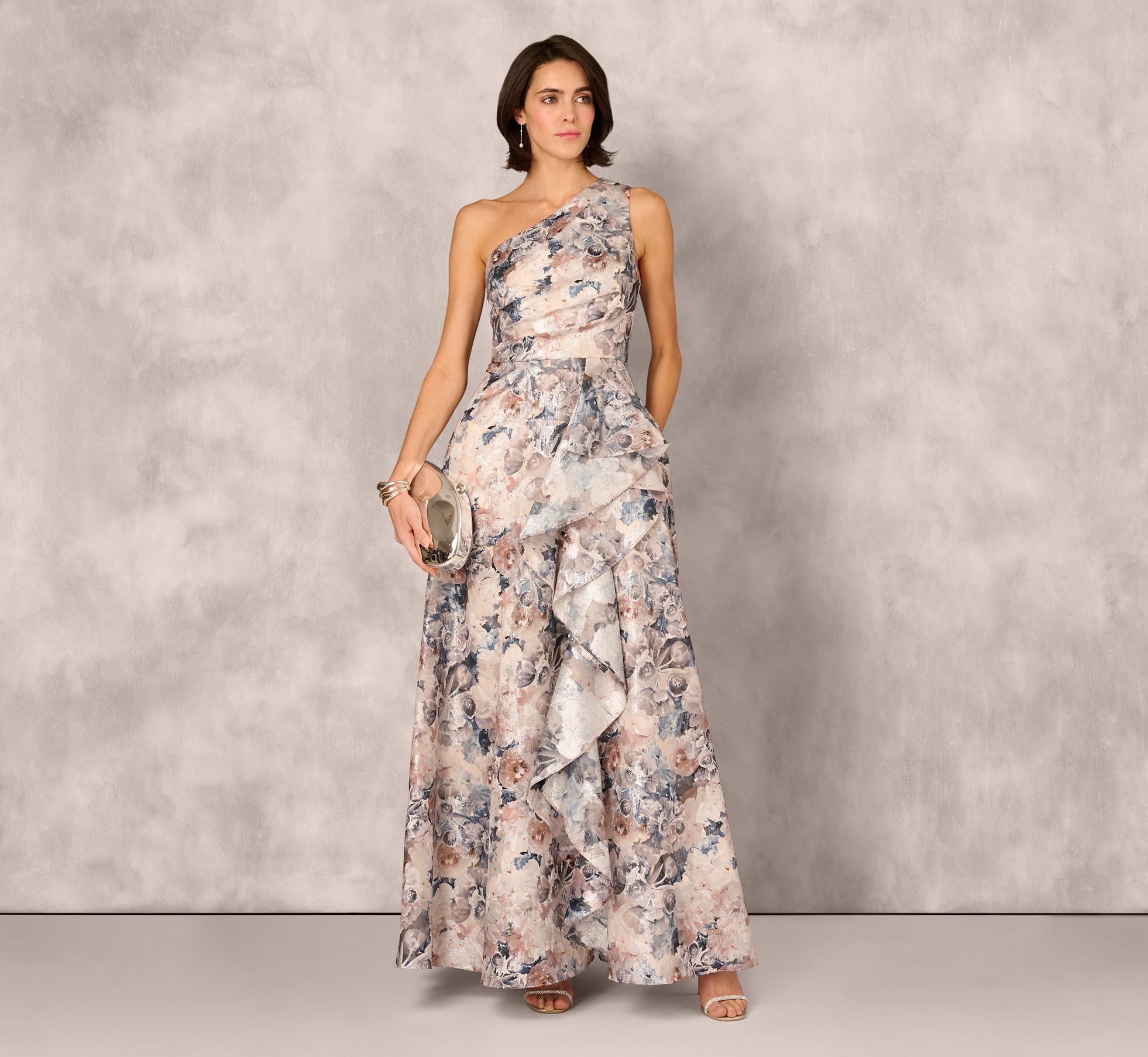 Adrianna Papell MD1E209791 One-Shoulder Long Metallic Formal Ruffle Gown – The Dress Outlet