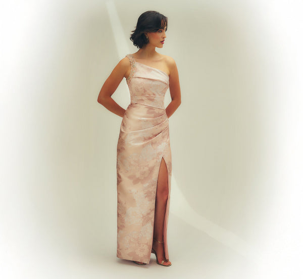 Beaded One-Shoulder Floral Jacquard Draped Gown Aidan Mattox MD1E209864
