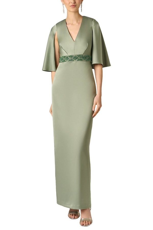 Aidan Mattox Beaded Waist Cape Sleeve Satin Gown MD1E209903