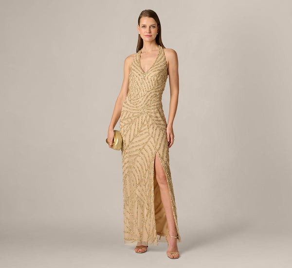 Sunburst Art Deco Beaded Halter Gown Aidan Mattox MD1E209952